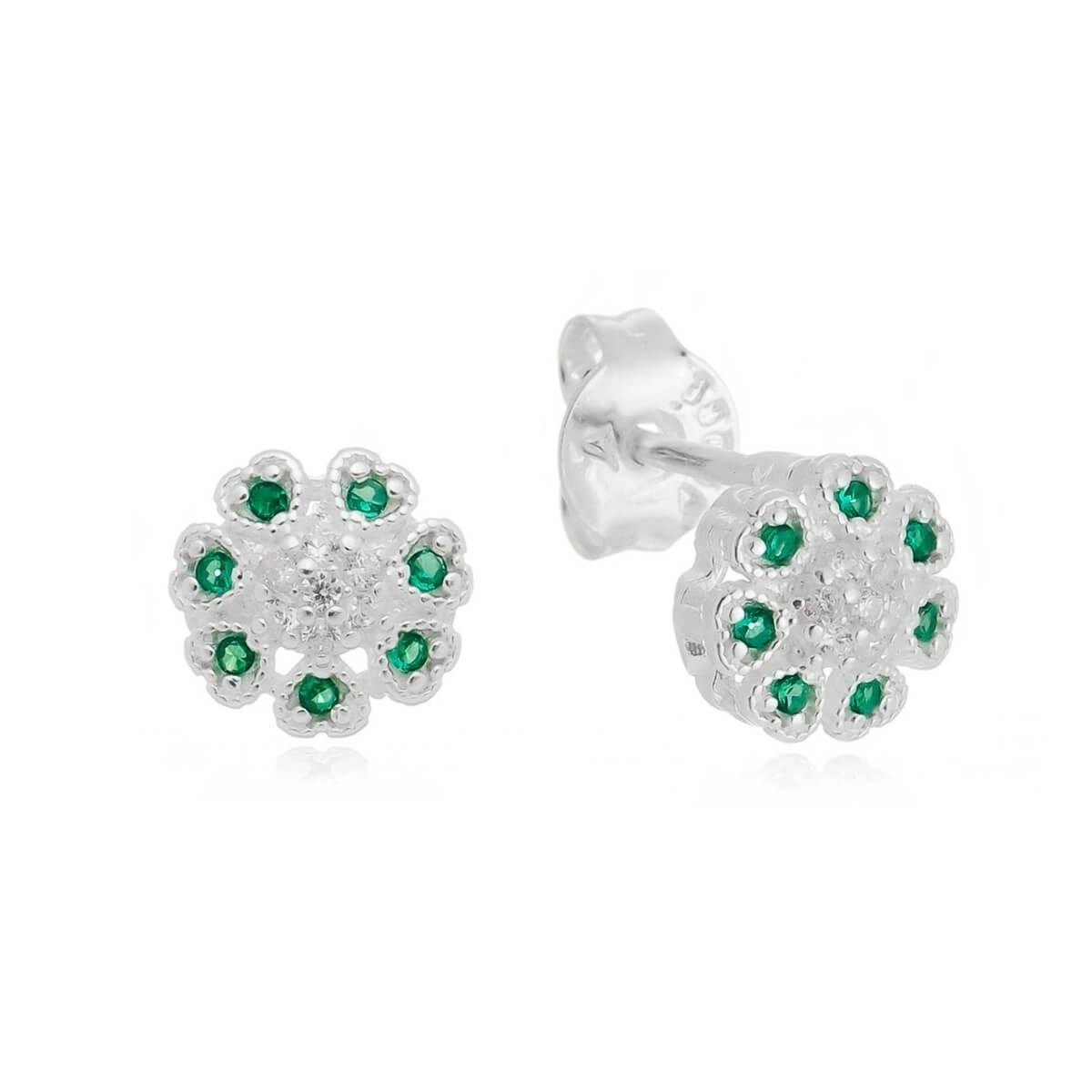 Brinco Prata Flor C/ Zircônia Verde 7.30mm Prata 925 BRF161VD2