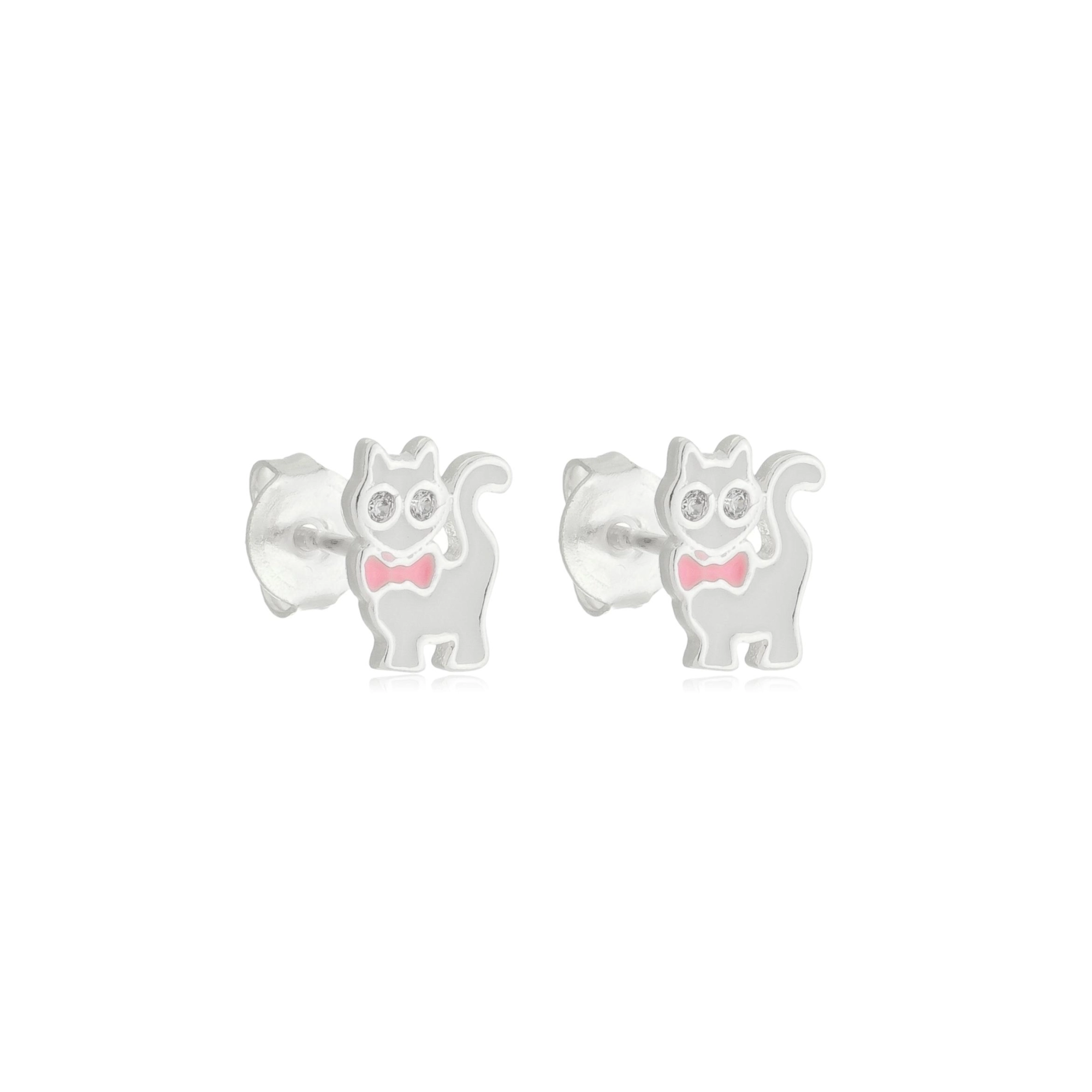 Brinco Prata Gato Gravata Rosa 9mm Prata 925