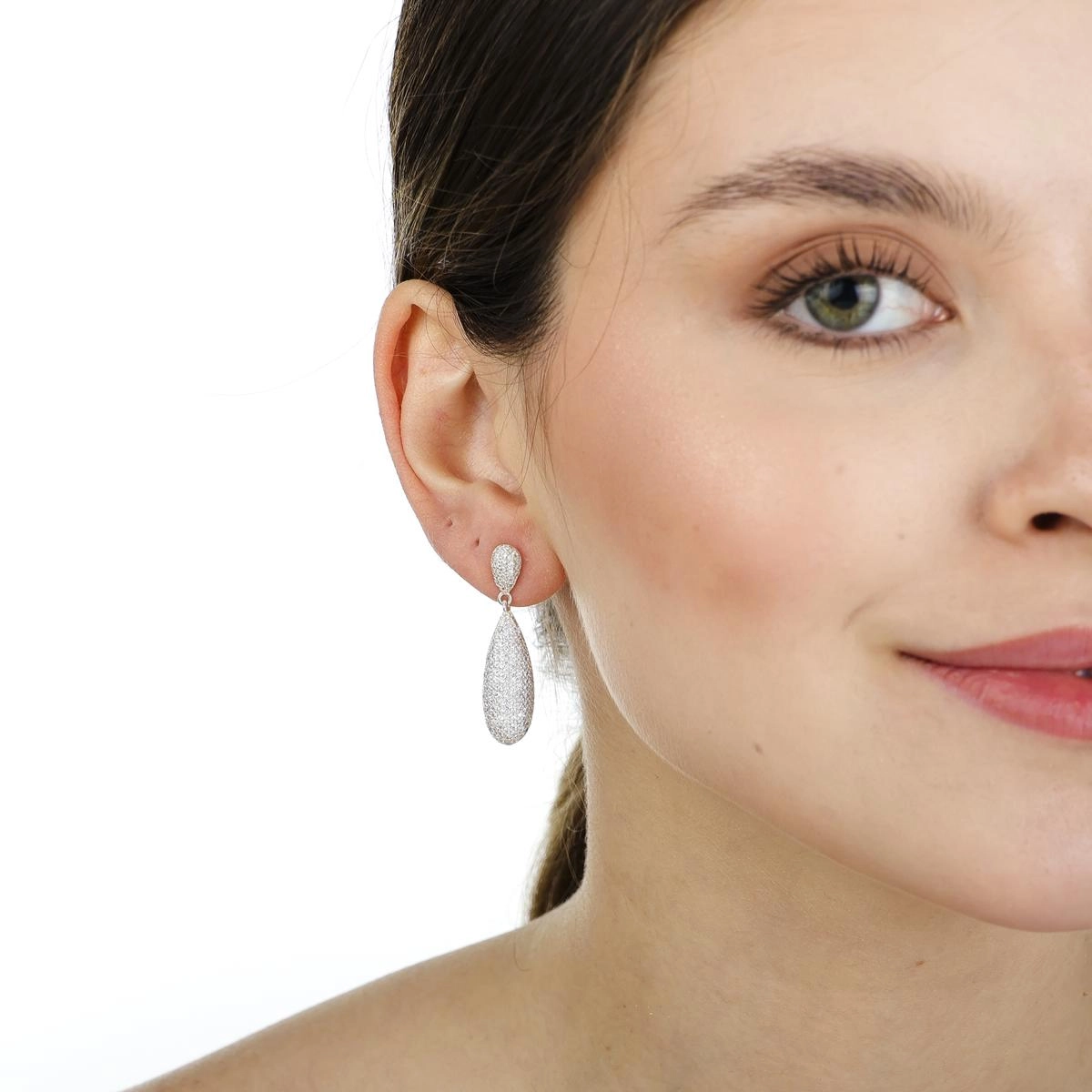 Brinco Prata Gota Pendurada C/Zircônias Prata 925