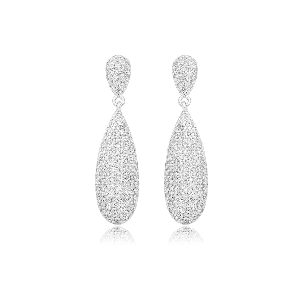 Brinco Prata Gota Pendurada C/Zircônias Prata 925