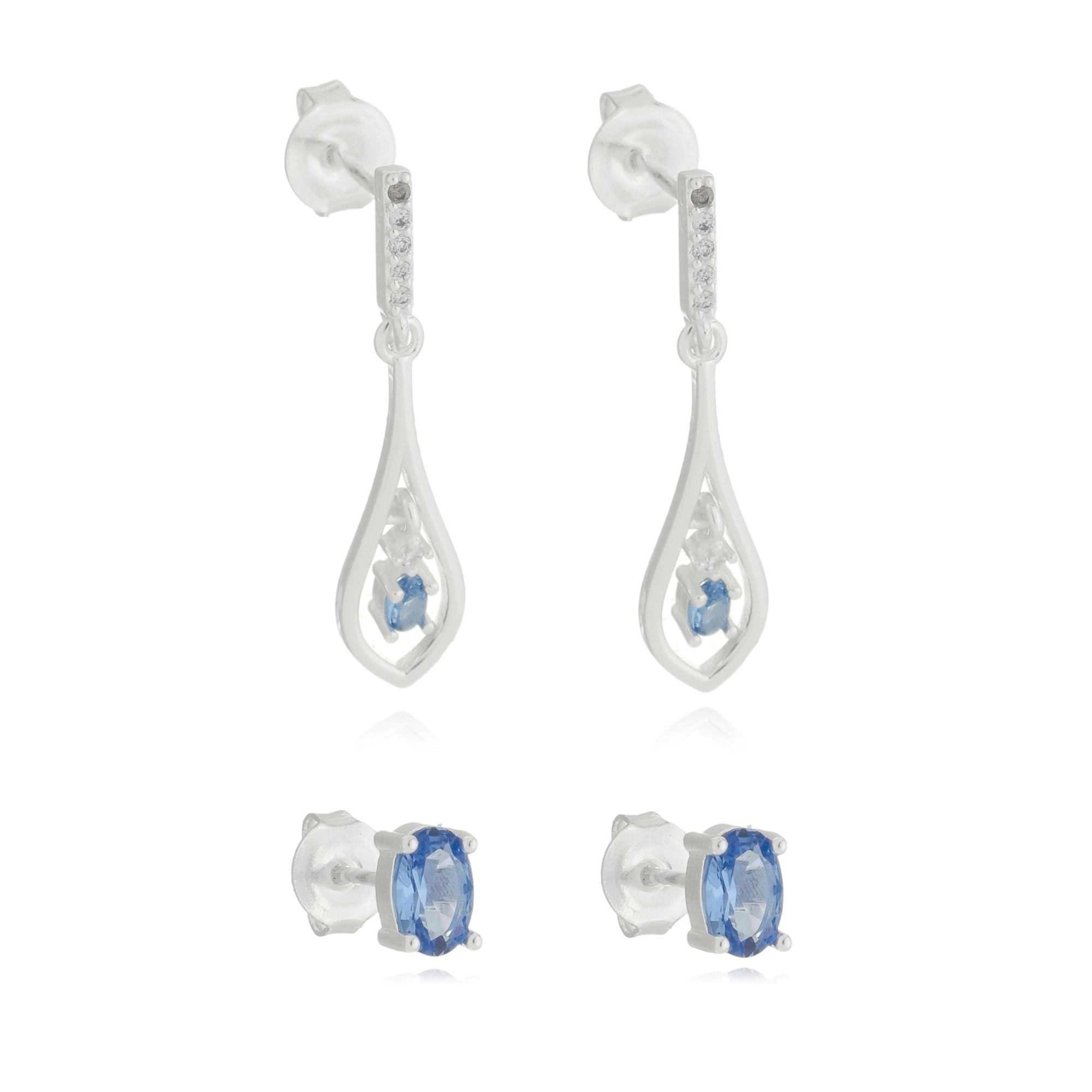 Brinco Prata Gota Pendurada E Solitário Azul Prata 925