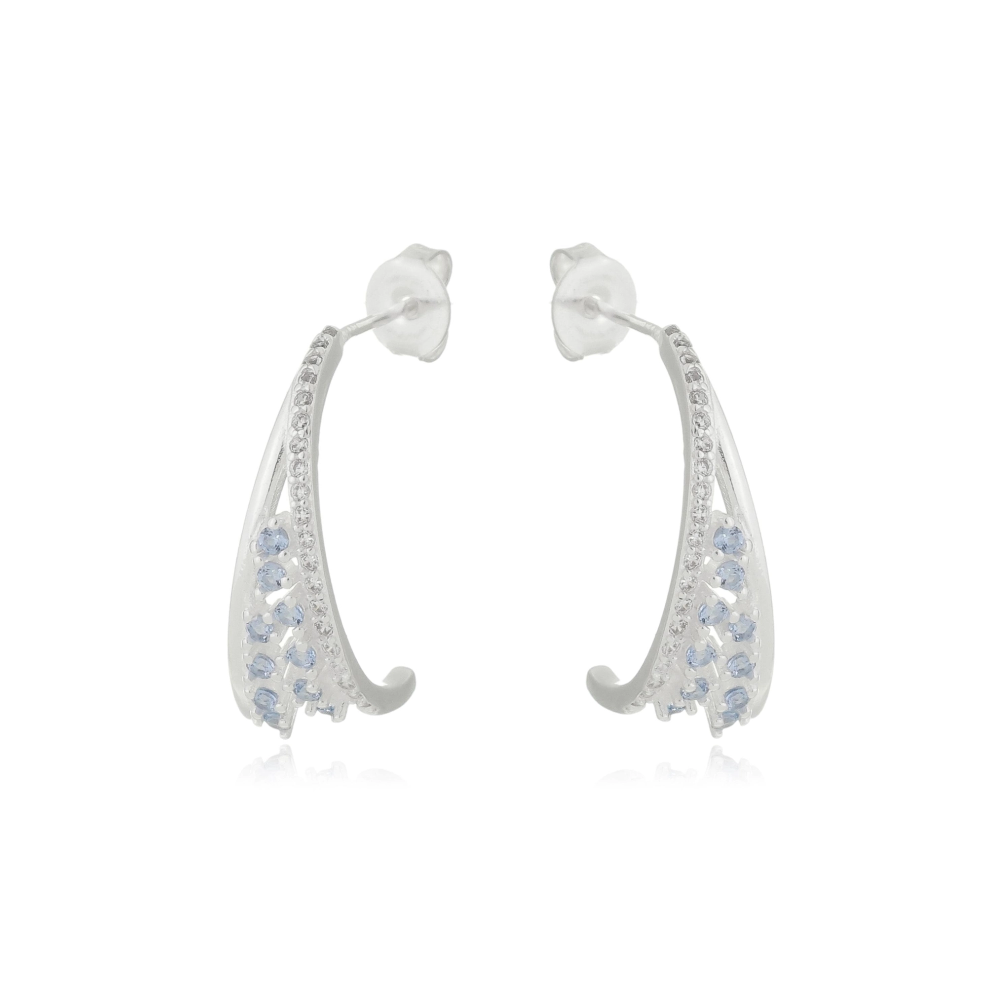 Brinco Prata Meia Argola 2.20cm C/Zircônia Azul Claro Prata 925
