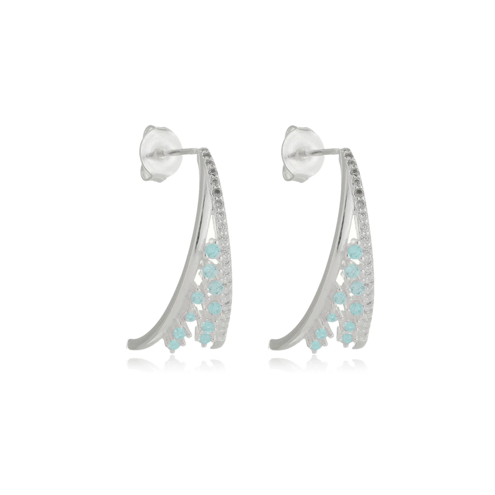 Brinco Prata Meia Argola 2.20cm C/Zircônia Turquesa Prata 925