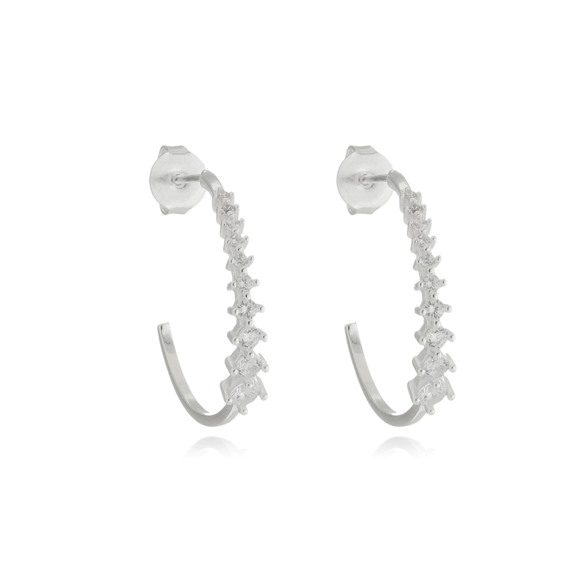 Brinco Prata Meia Argola 2cm C/Zircônias Prata 925