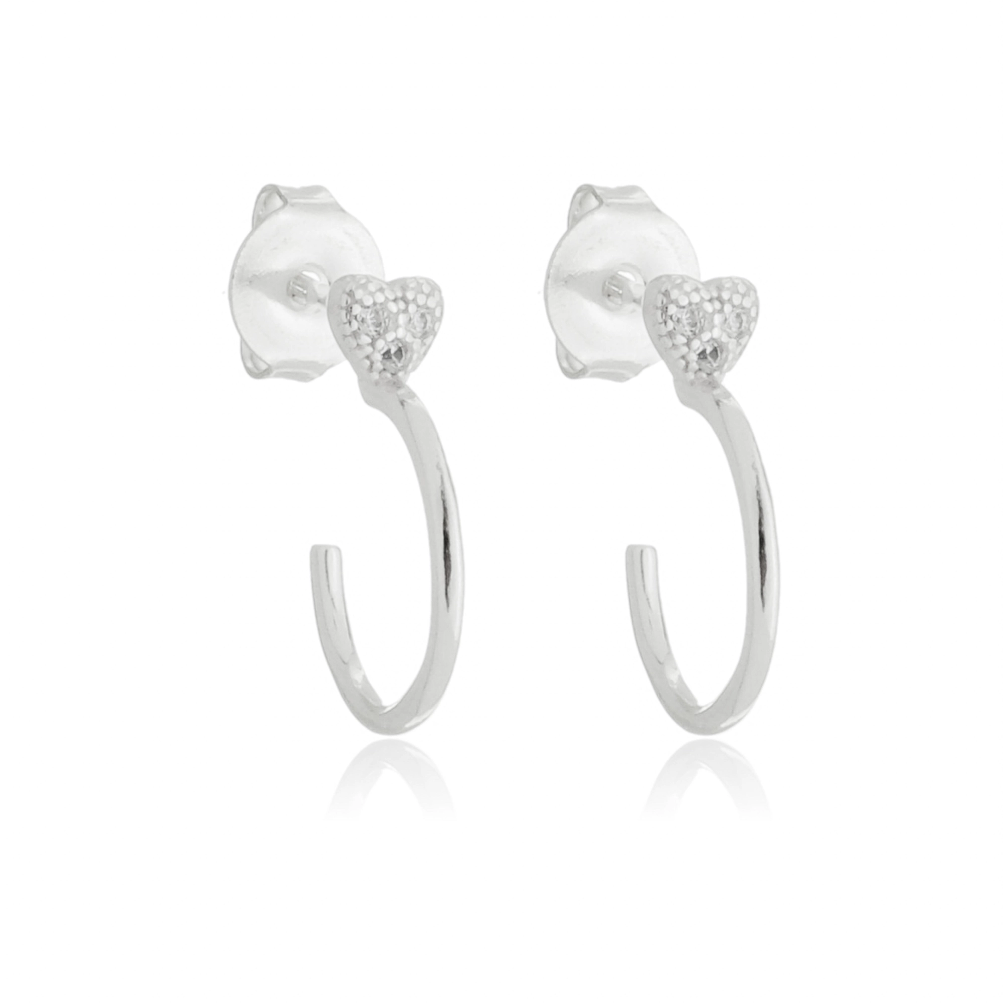 Brinco Prata Meia Argola Coração 1.30cm C/Zircônias Prata 925