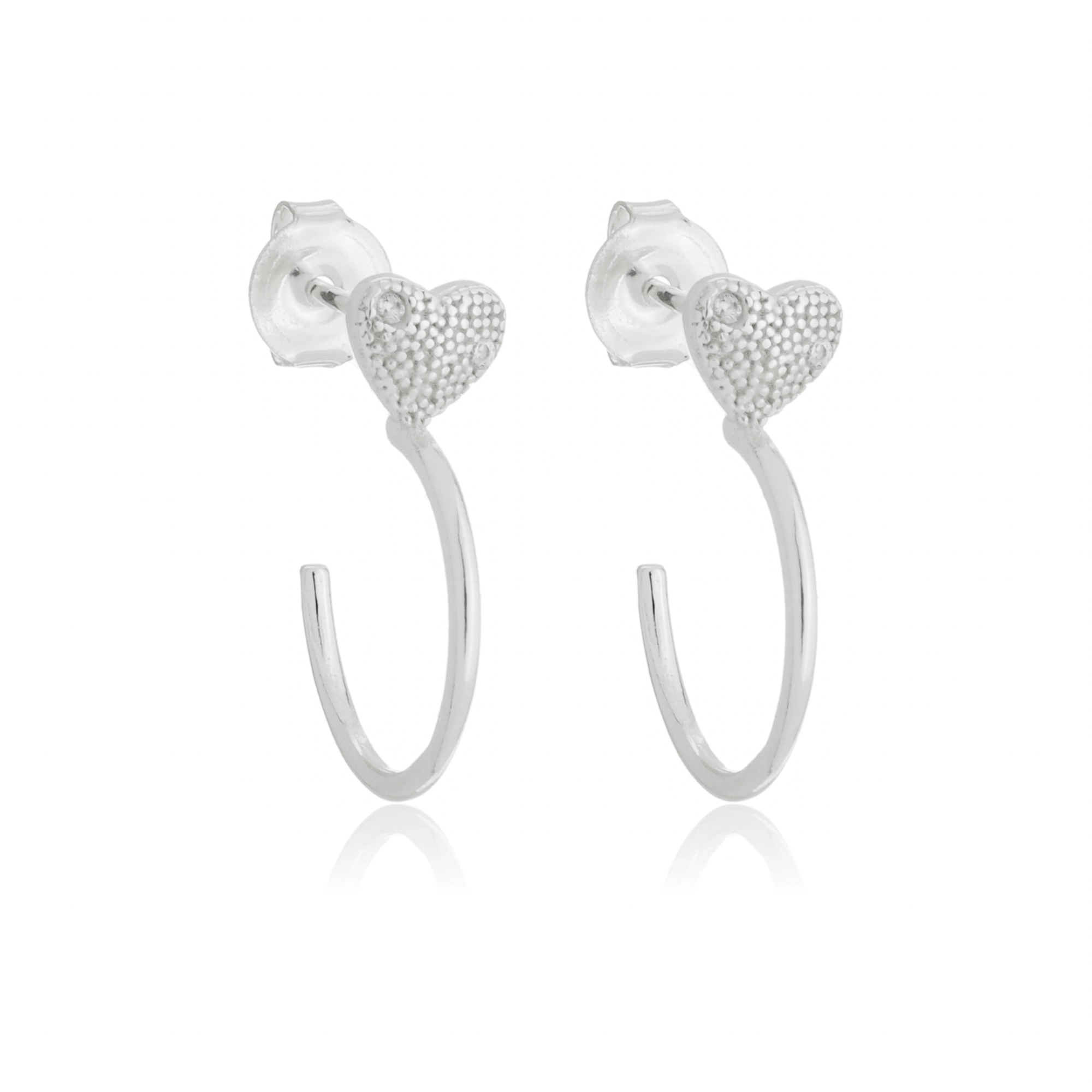 Brinco Prata Meia Argola Coração 1.75cm C/Zircônias Prata 925