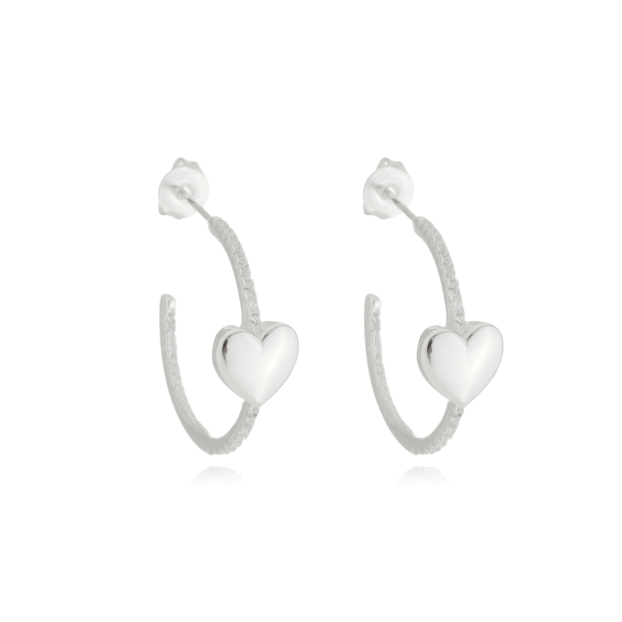 Brinco Prata Meia Argola Coração 2.2cm C/Zircônias Prata 925 