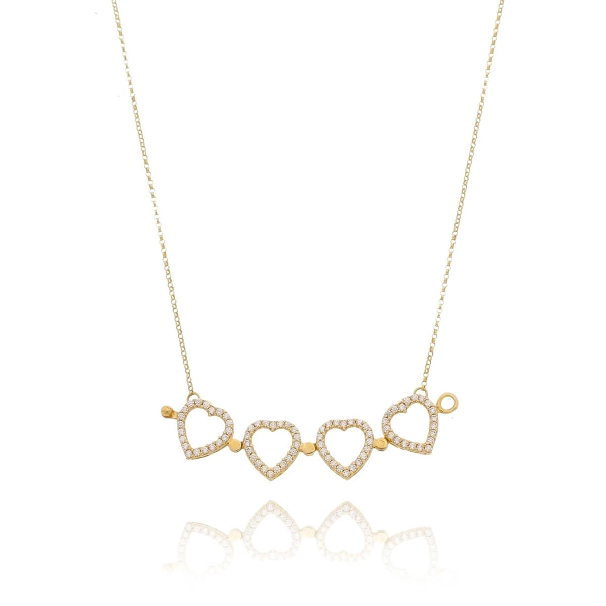 Colar Ouro 18k 2 em 1 Trevo Corações 45cm