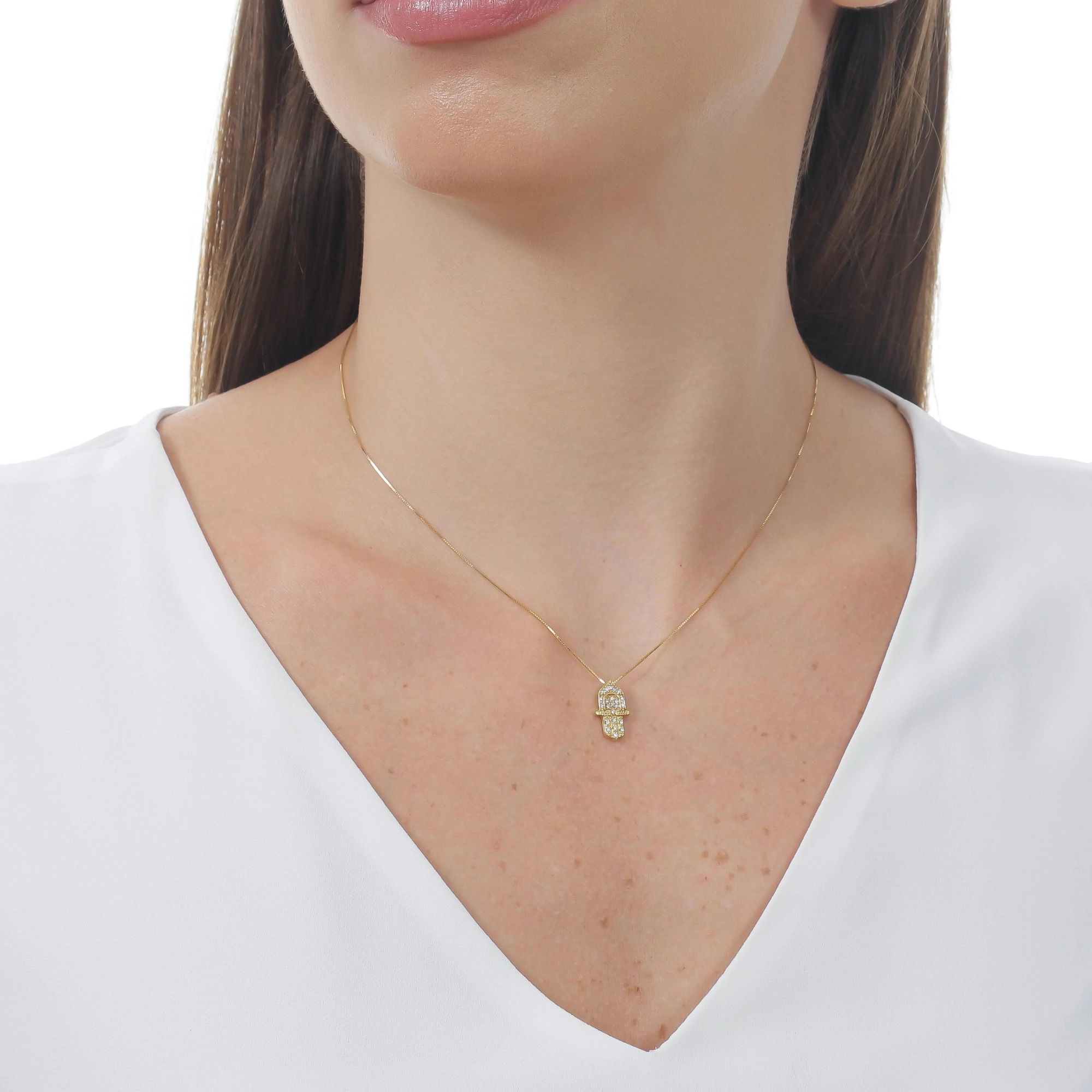 Colar Ouro 18k Hamsa C/Zircônias 45cm 