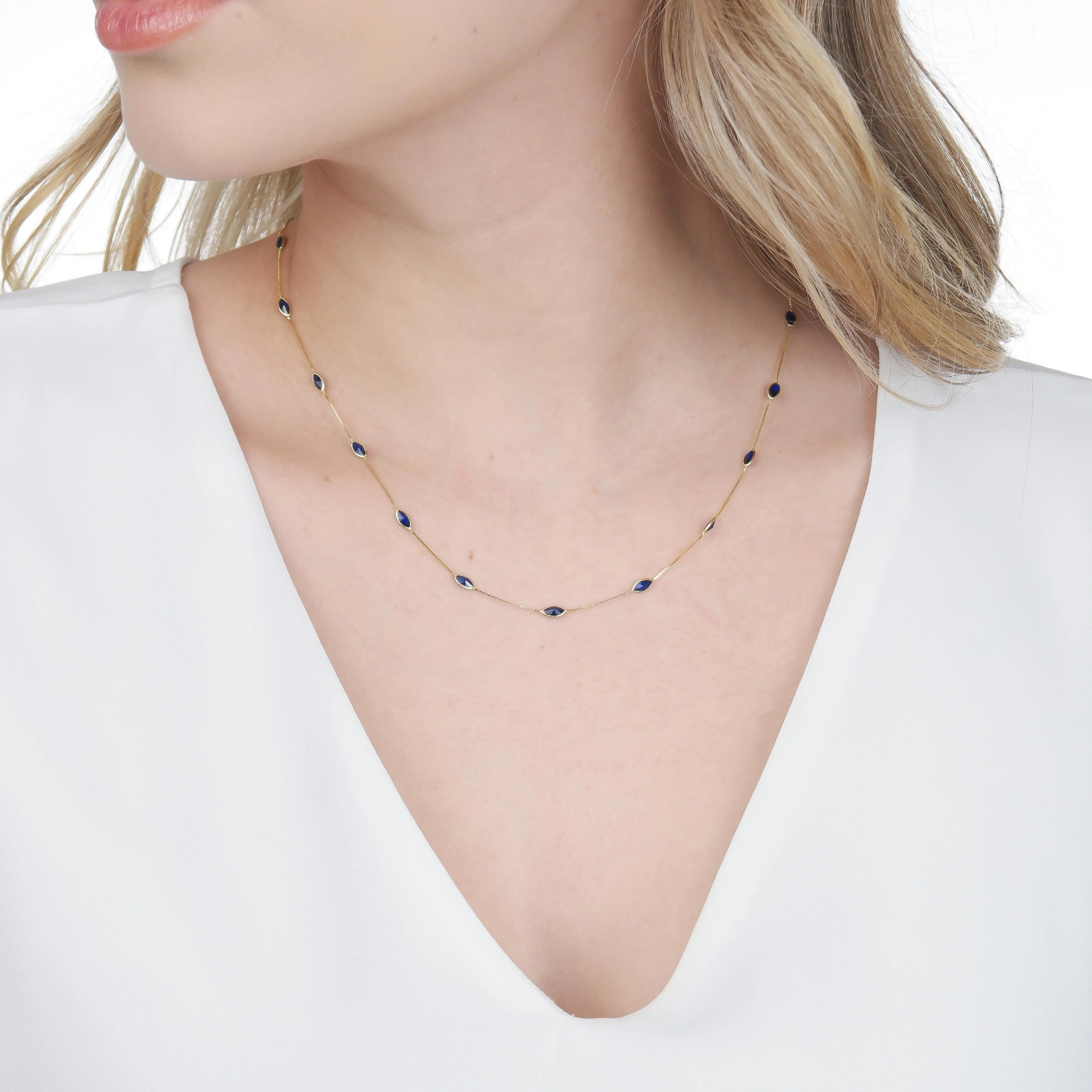 Colar Ouro 18k Veneziana 45cm Navete Azul