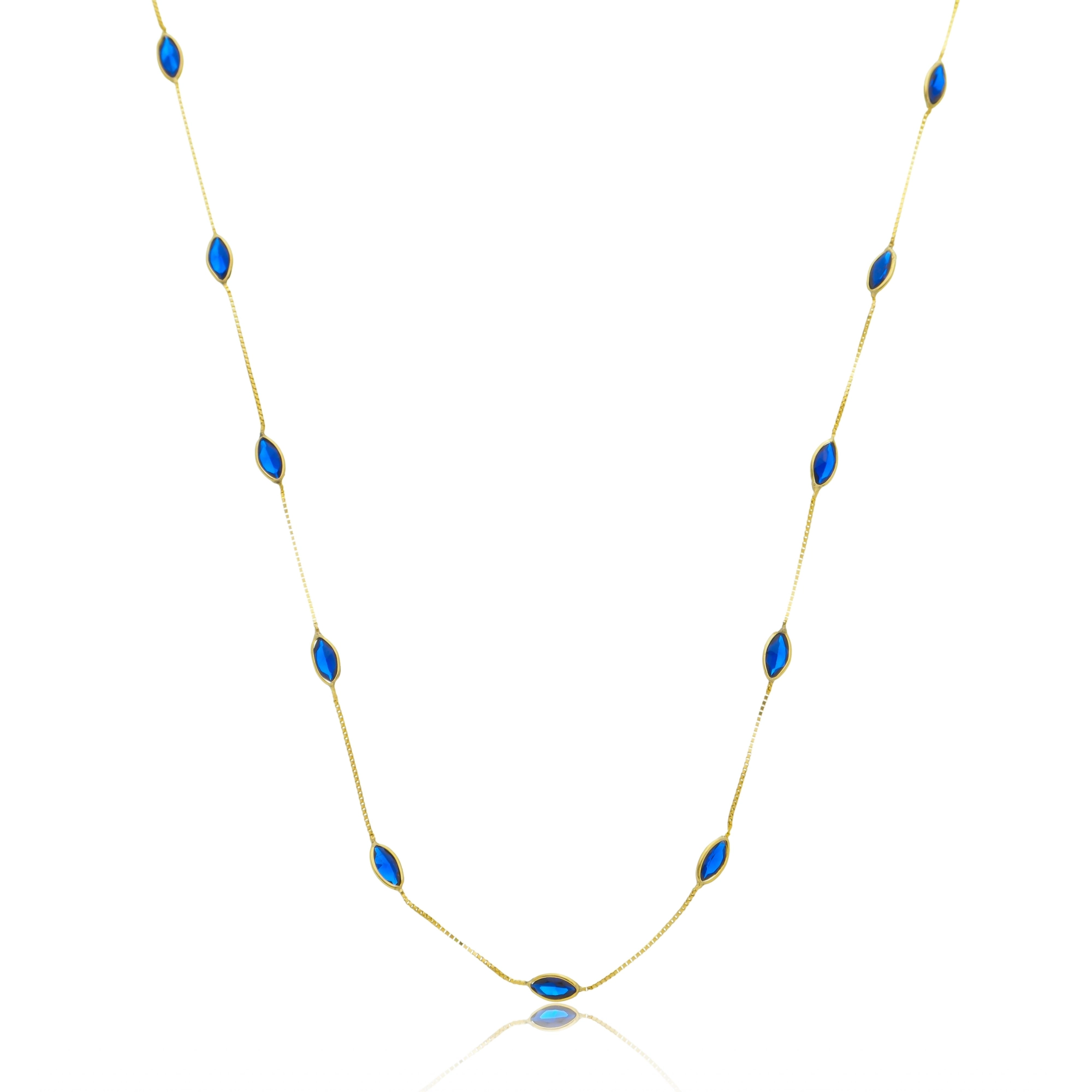 Colar Ouro 18k Veneziana 45cm Navete Azul