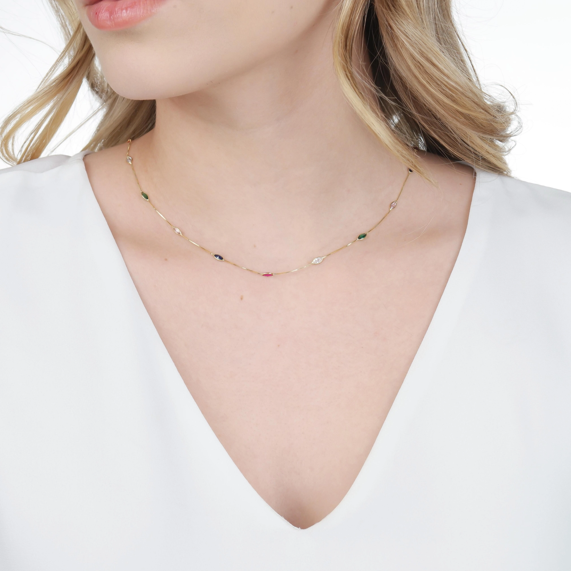 Colar Ouro 18k Veneziana 45cm Navetes Coloridas