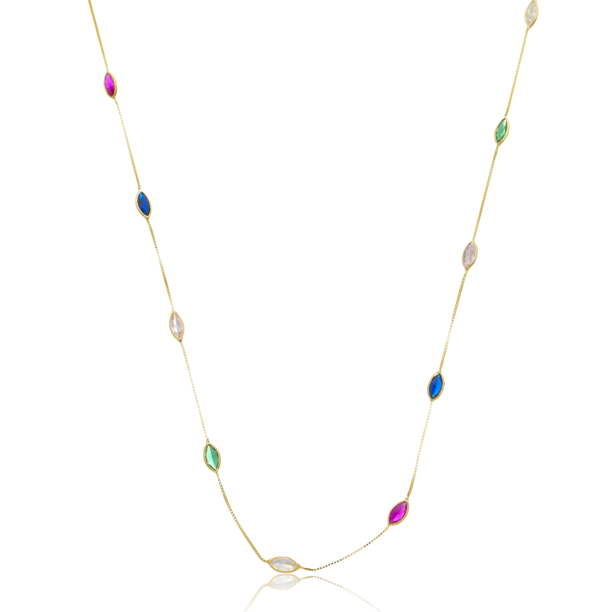 Colar Ouro 18k Veneziana 45cm Navetes Coloridas