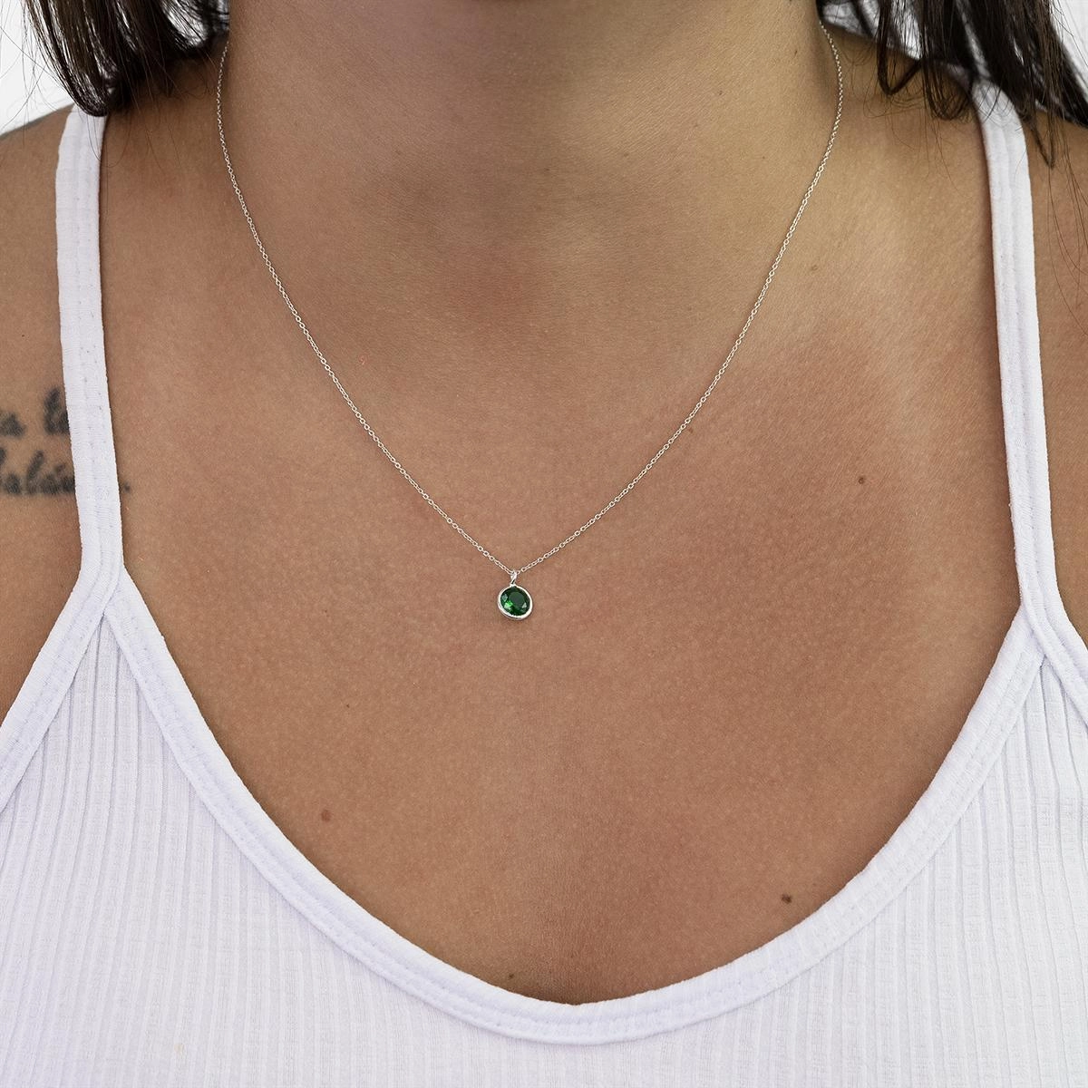 Colar Prata 925 Ponto de Luz Redondo Verde 45cm