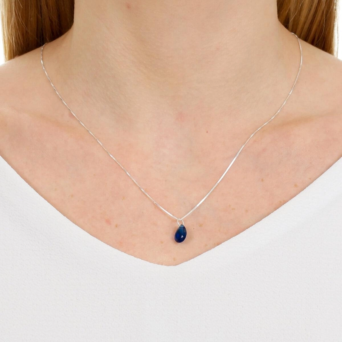 Colar Prata Veneziana 45cm C/Gota Azul Prata 925