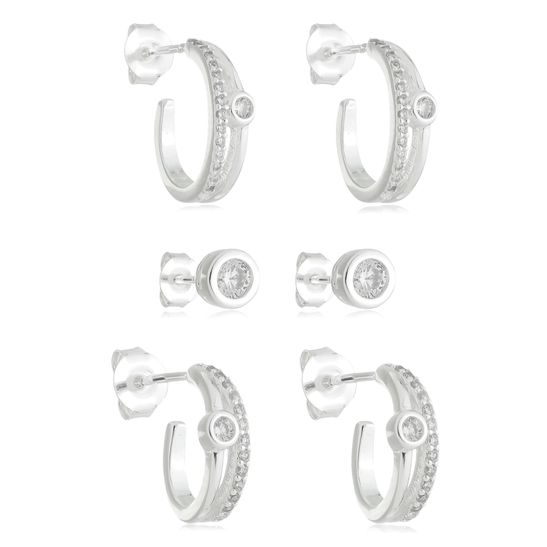Conjunto Prata Brincos Argola E Ponto de Luz Prata 925 