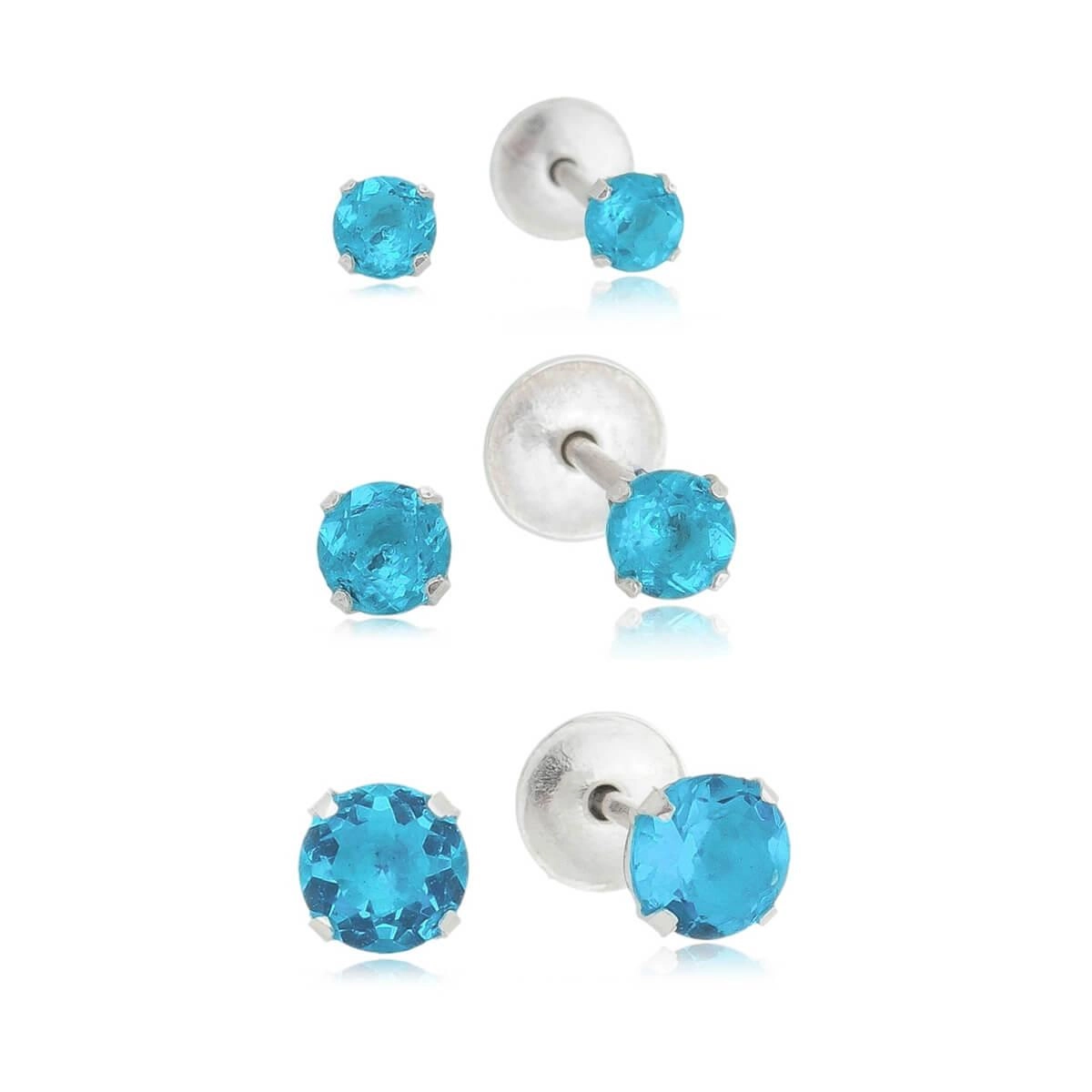 Kit Brincos Prata Trio Solitário Azul Prata 925