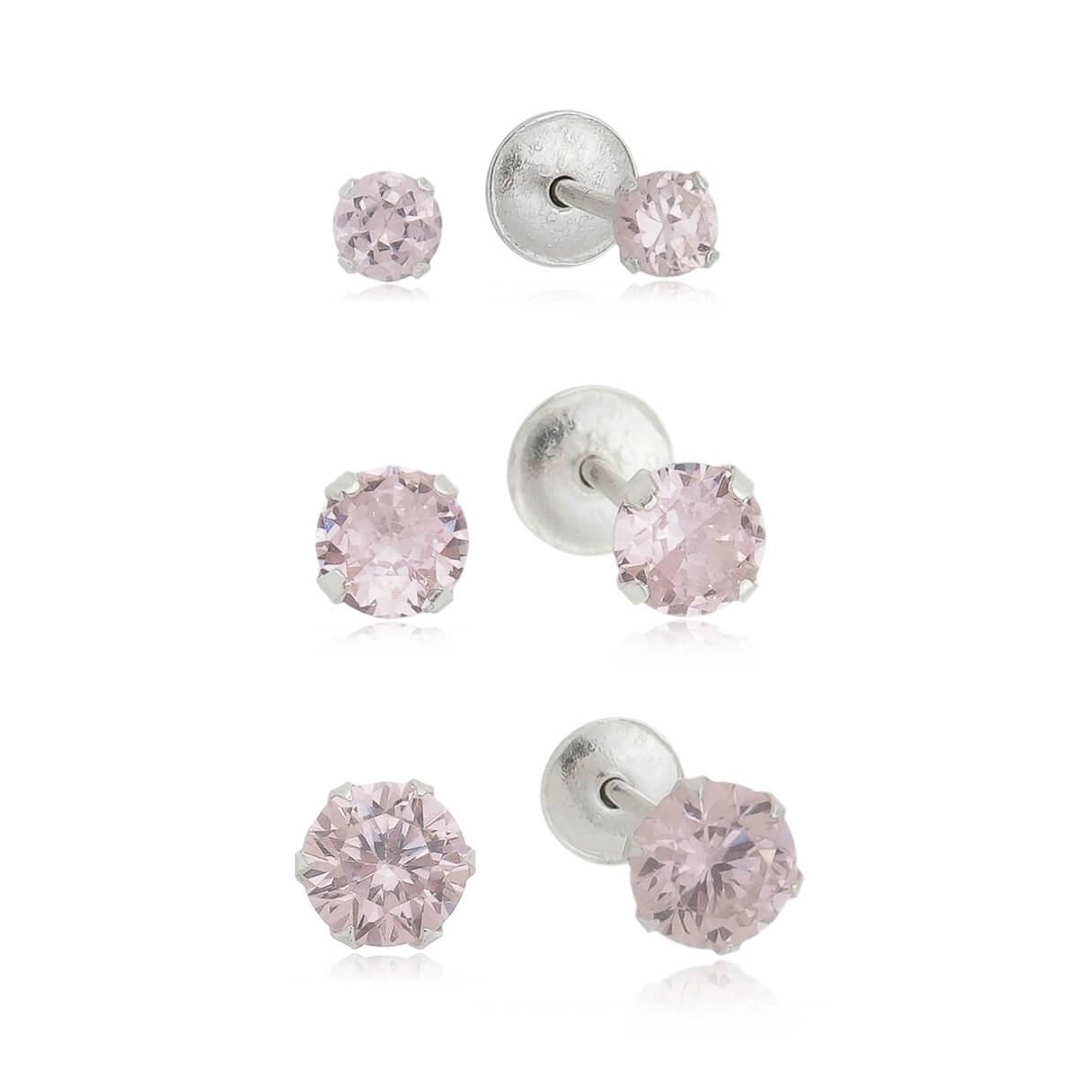 Kit Brincos Prata Trio Solitário Rosa Prata 925