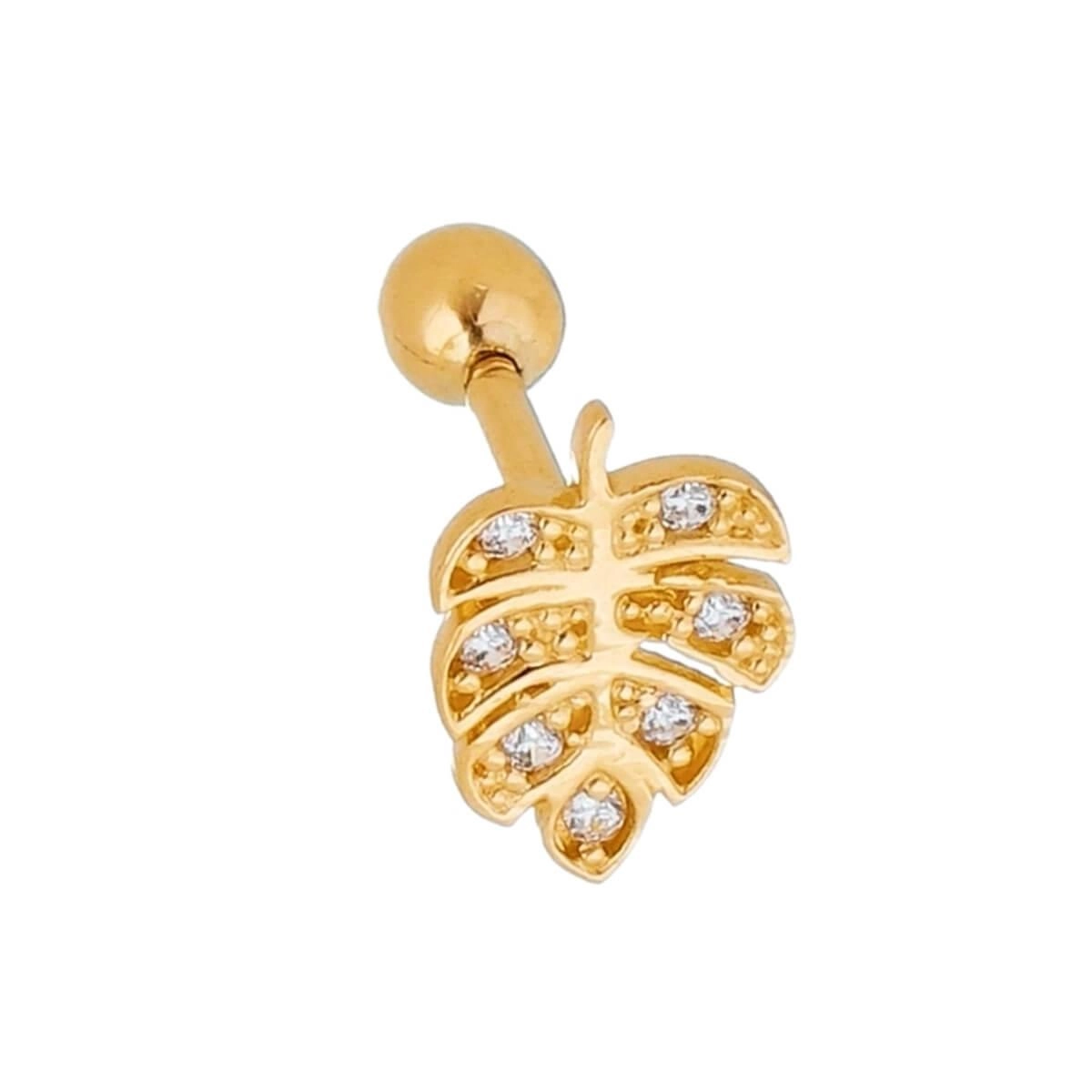 Piercing Orelha Ouro 18k Tragus Folha C/ Pedras 9mm