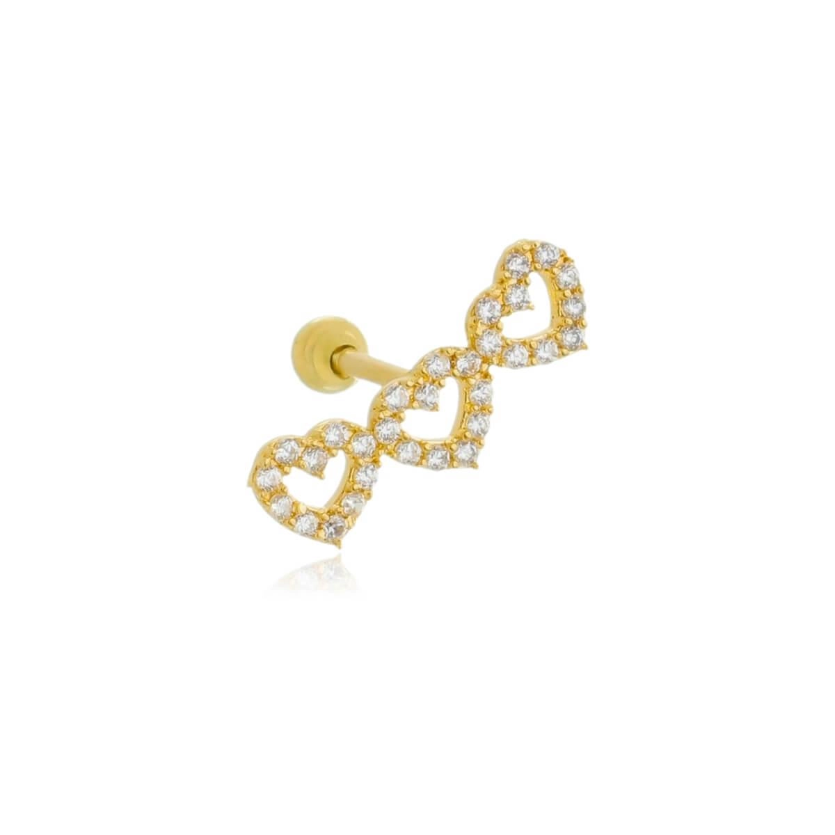 Piercing Ouro 18k Tragus 3 Corações C/ZIrcônias 15mm 