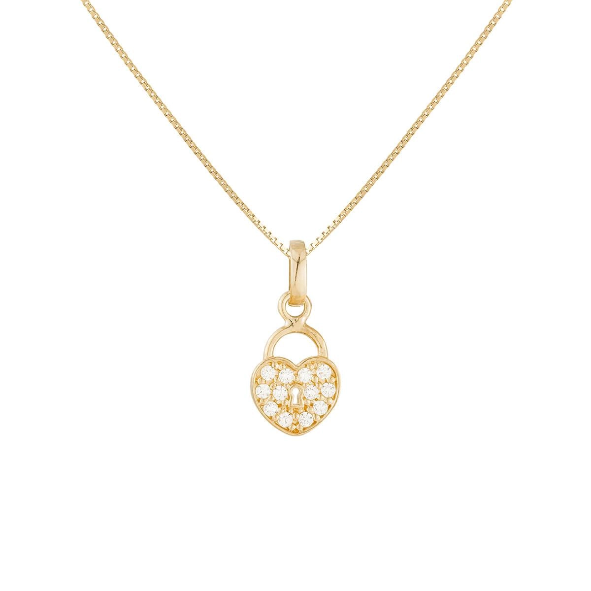 Pingente Ouro 18k Coração Cadeado Mini C/Zircônias