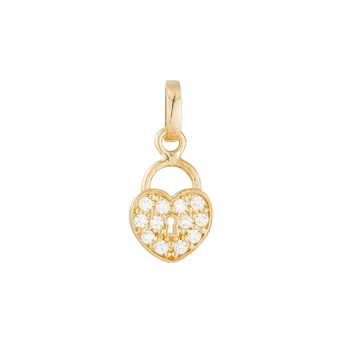 Pingente Ouro 18k Coração Cadeado Mini C/Zircônias