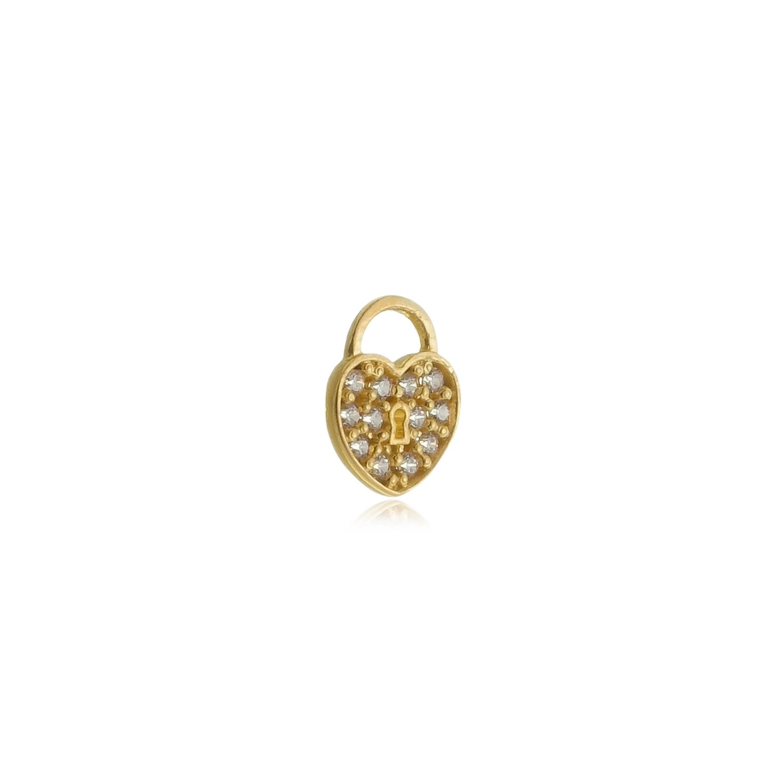 Pingente Ouro 18k Coração Cadeado Mini C/Zircônias
