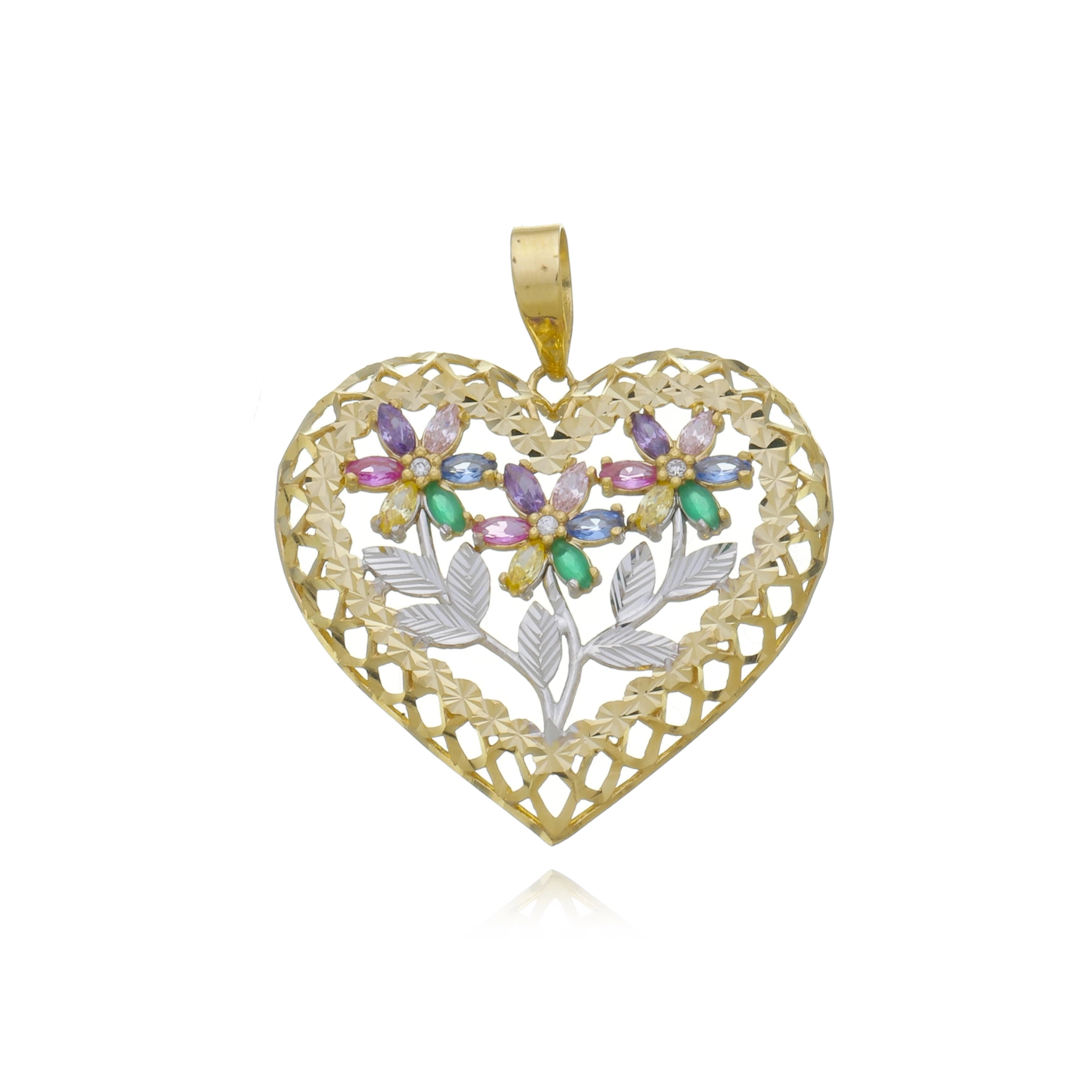 Pingente Ouro 18k Coração Flor Colorida 2.50cm