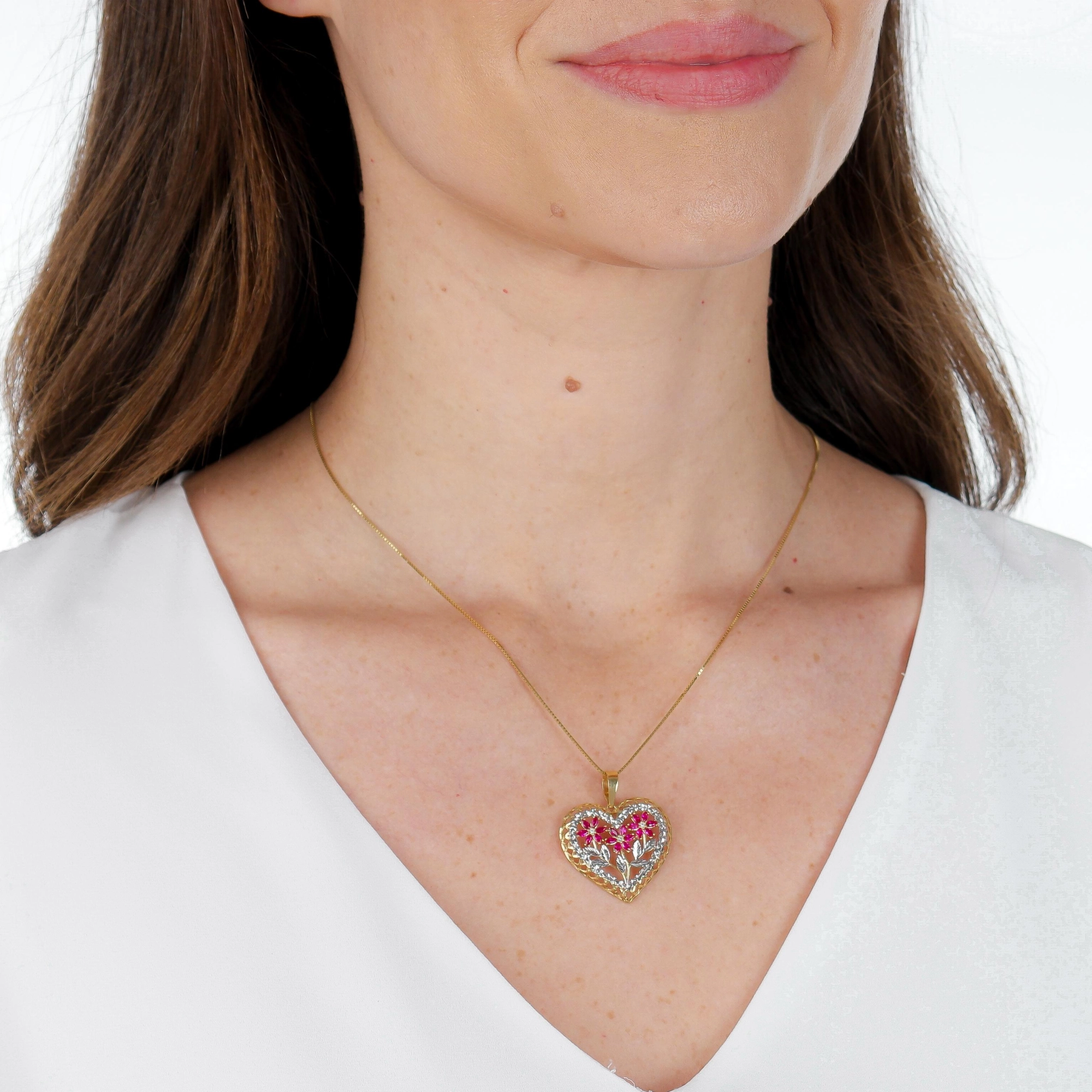 Pingente Ouro 18k Coração Flor Rosa 2.50cm