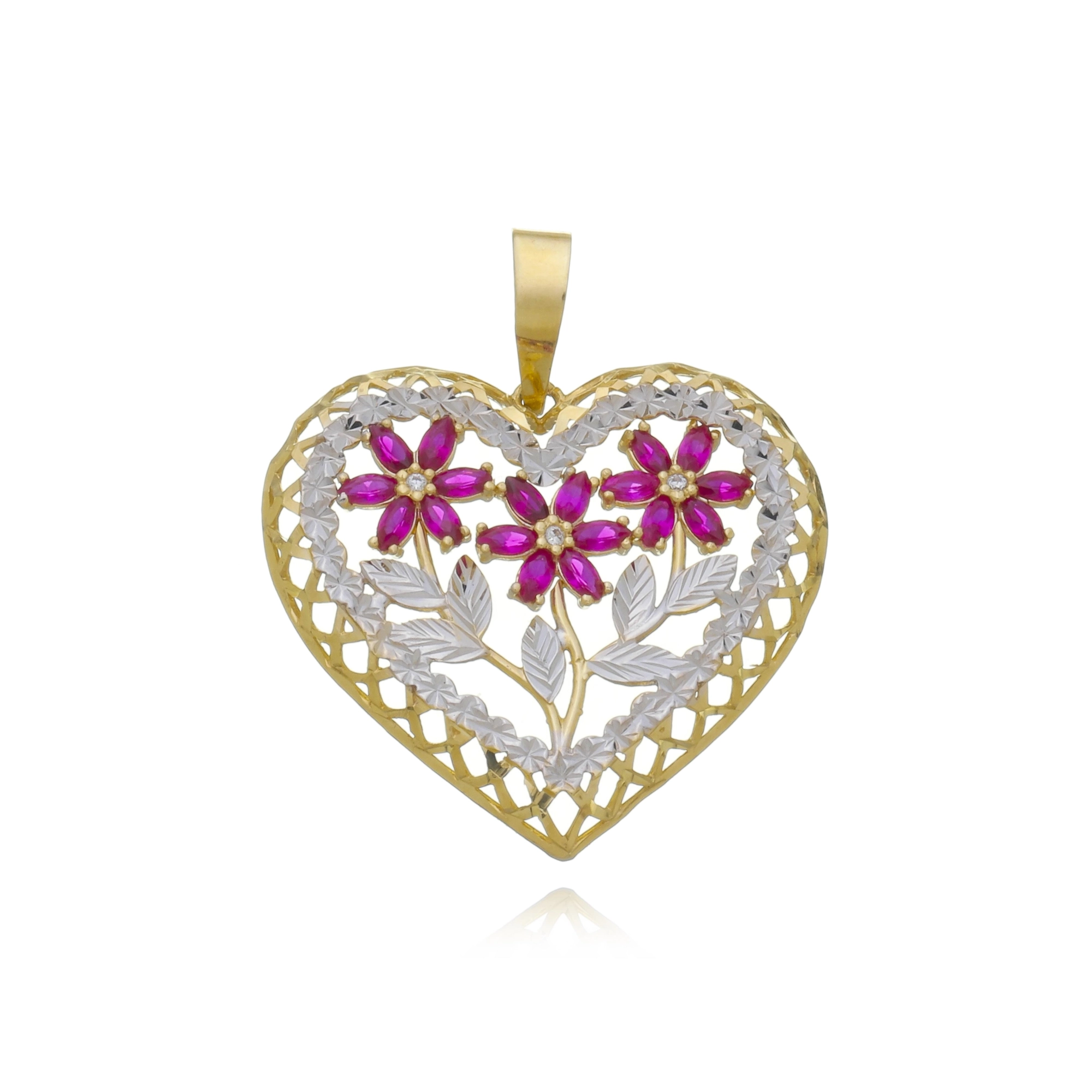 Pingente Ouro 18k Coração Flor Rosa 2.50cm