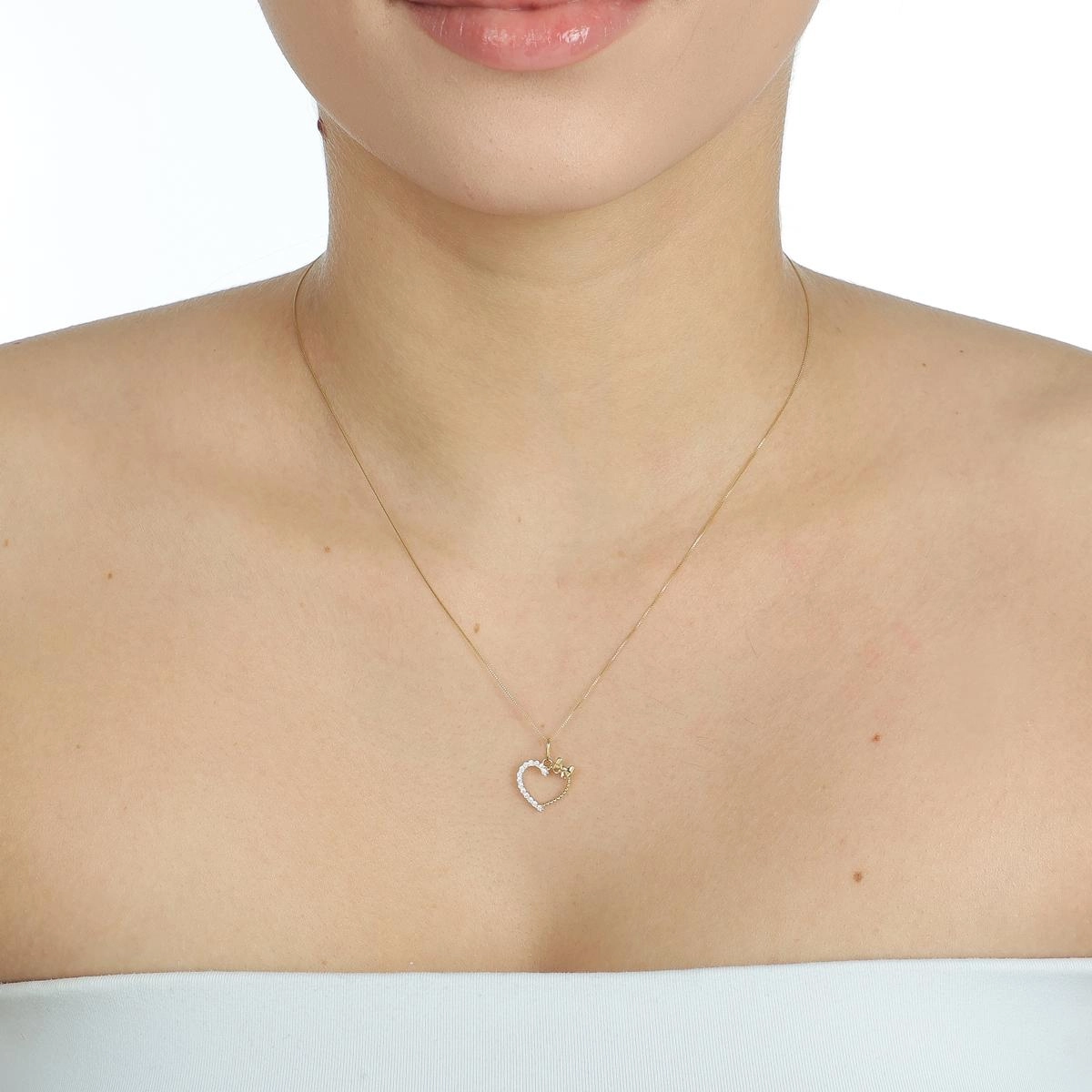 Pingente Ouro 18k Coração Laço C/Zircônias