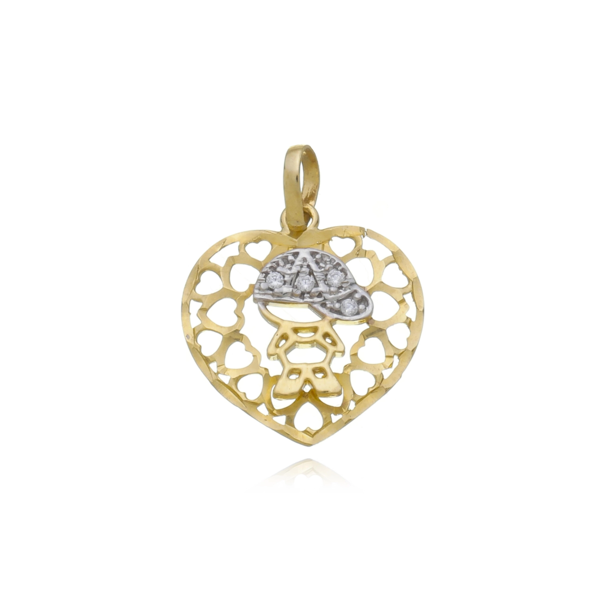 Pingente Ouro 18k Coração Menino Boné C/Zircônia