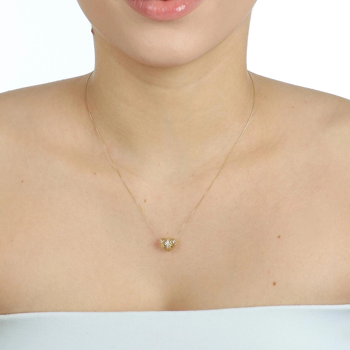 Pingente Ouro 18k Coração Vazado 10mm C/Zircônias