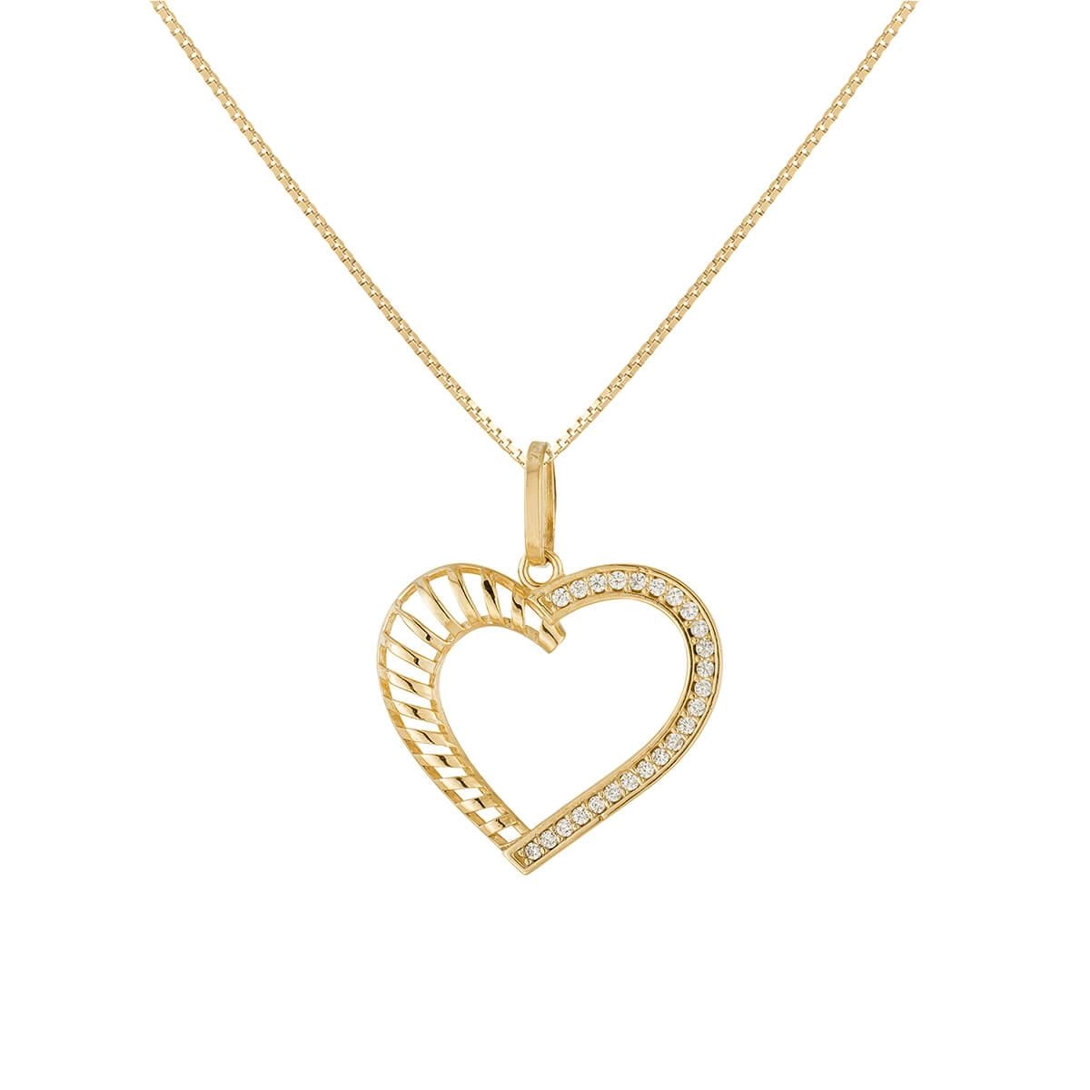 Pingente Ouro 18k Coração Vazado C/ Pedras 18mm