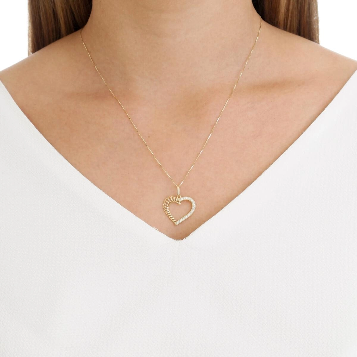 Pingente Ouro 18k Coração Vazado C/ Pedras 18mm
