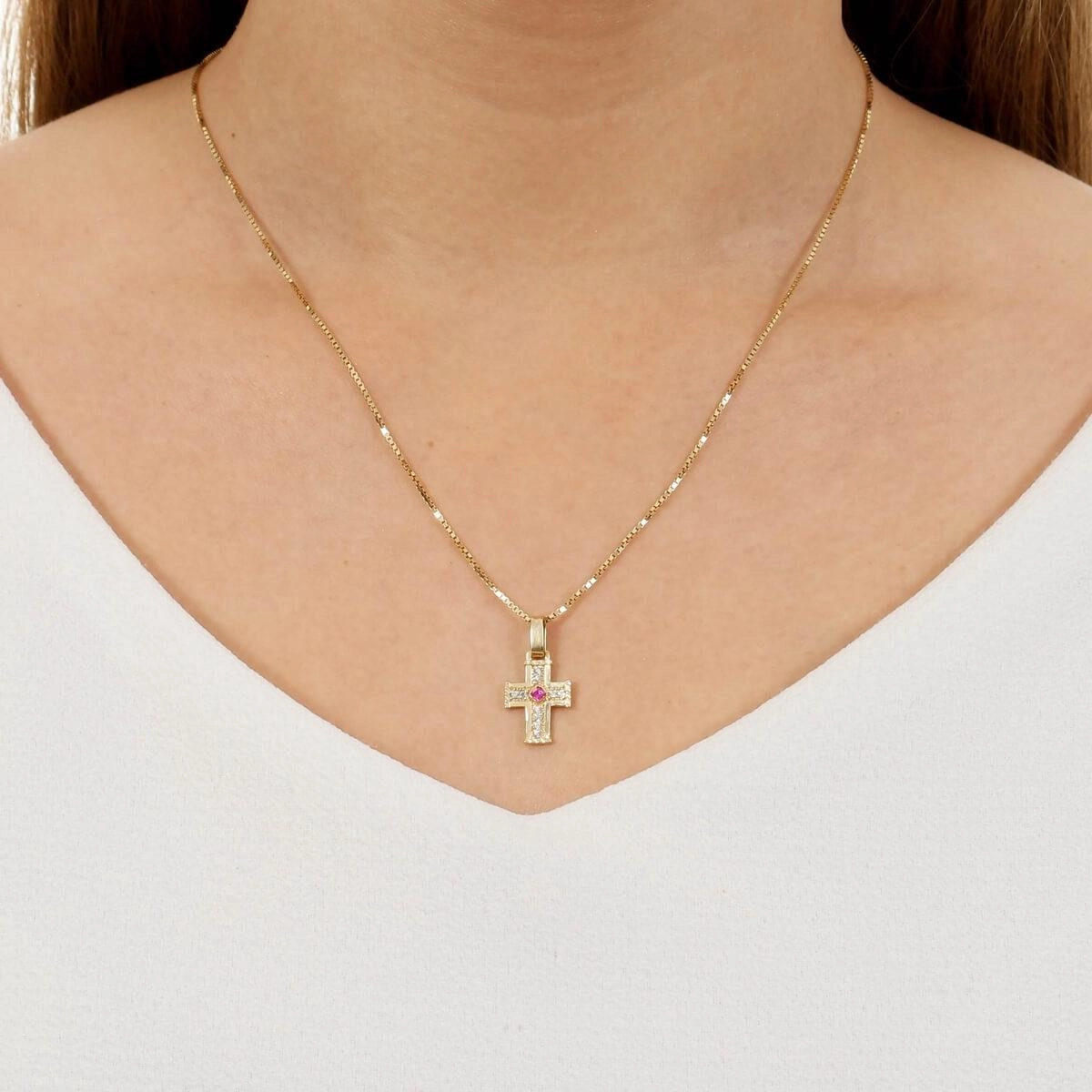 Pingente Ouro 18k Cruz C/Zircônia Pink 17mm 
