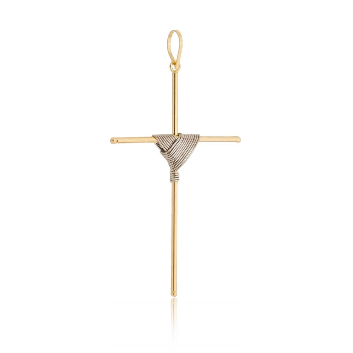 Pingente Ouro 18k Cruz Palito C/Ródio Trabalhada 44mm 