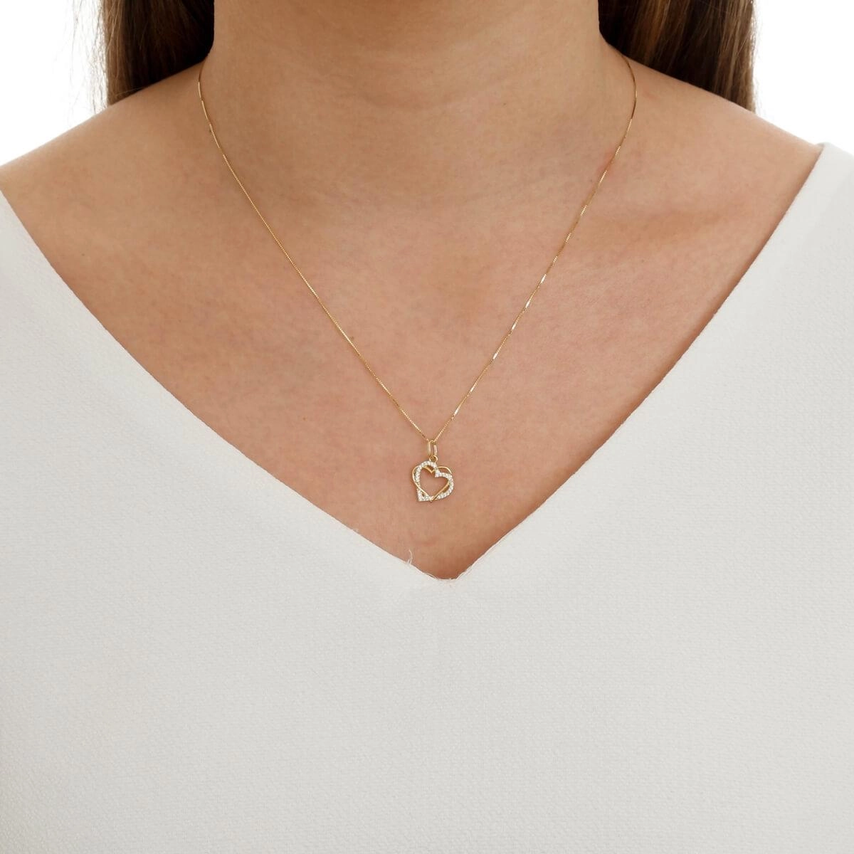 Pingente Ouro 18k Dois Corações C/ Zircônia 11.80mm