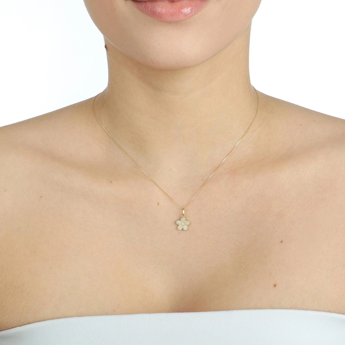 Pingente Ouro 18k Flor 1.15cm C/Zircônias