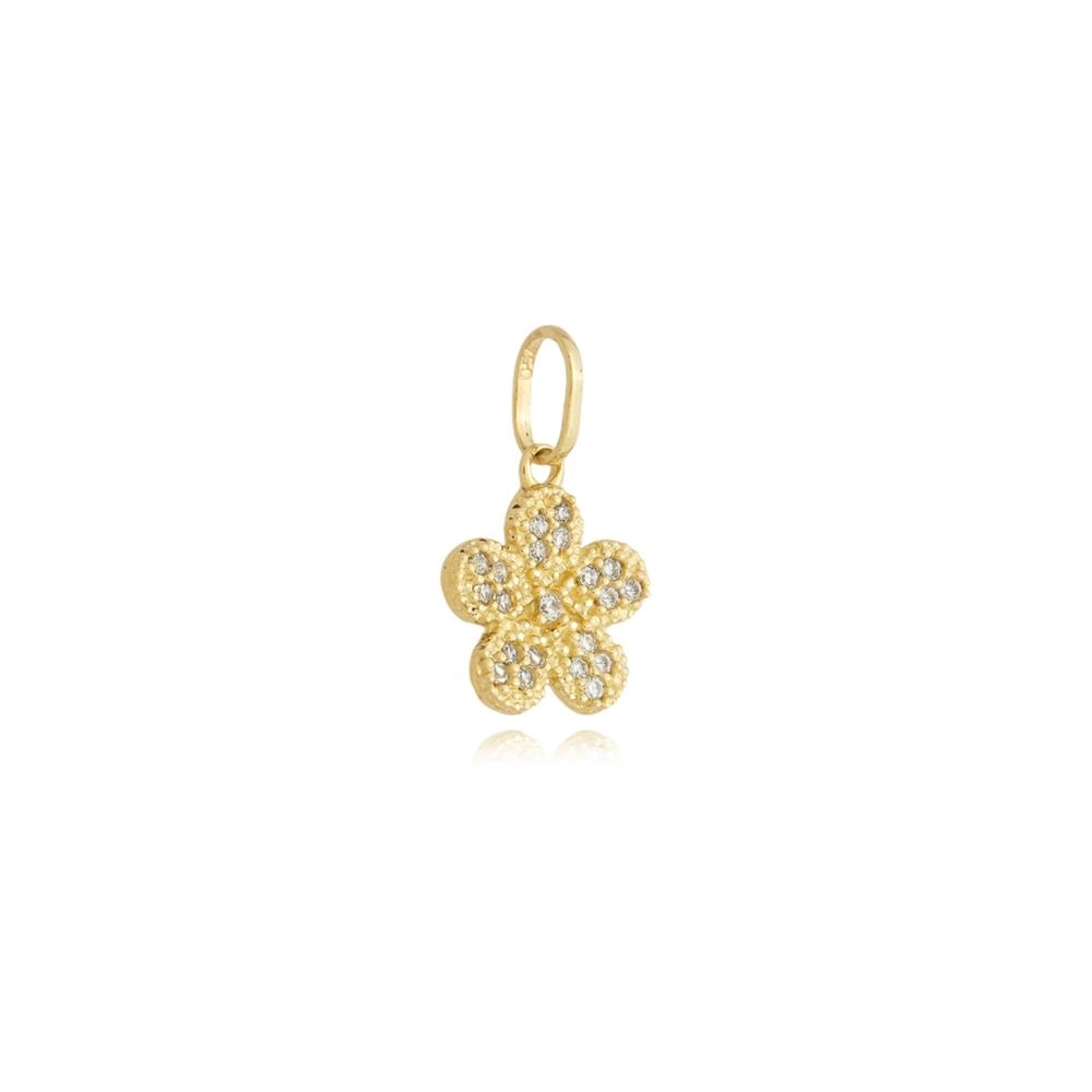 Pingente Ouro 18k Flor 1.15cm C/Zircônias