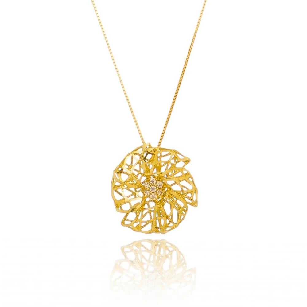 Pingente Ouro 18k Flor 3D C/ Zircônias 14mm