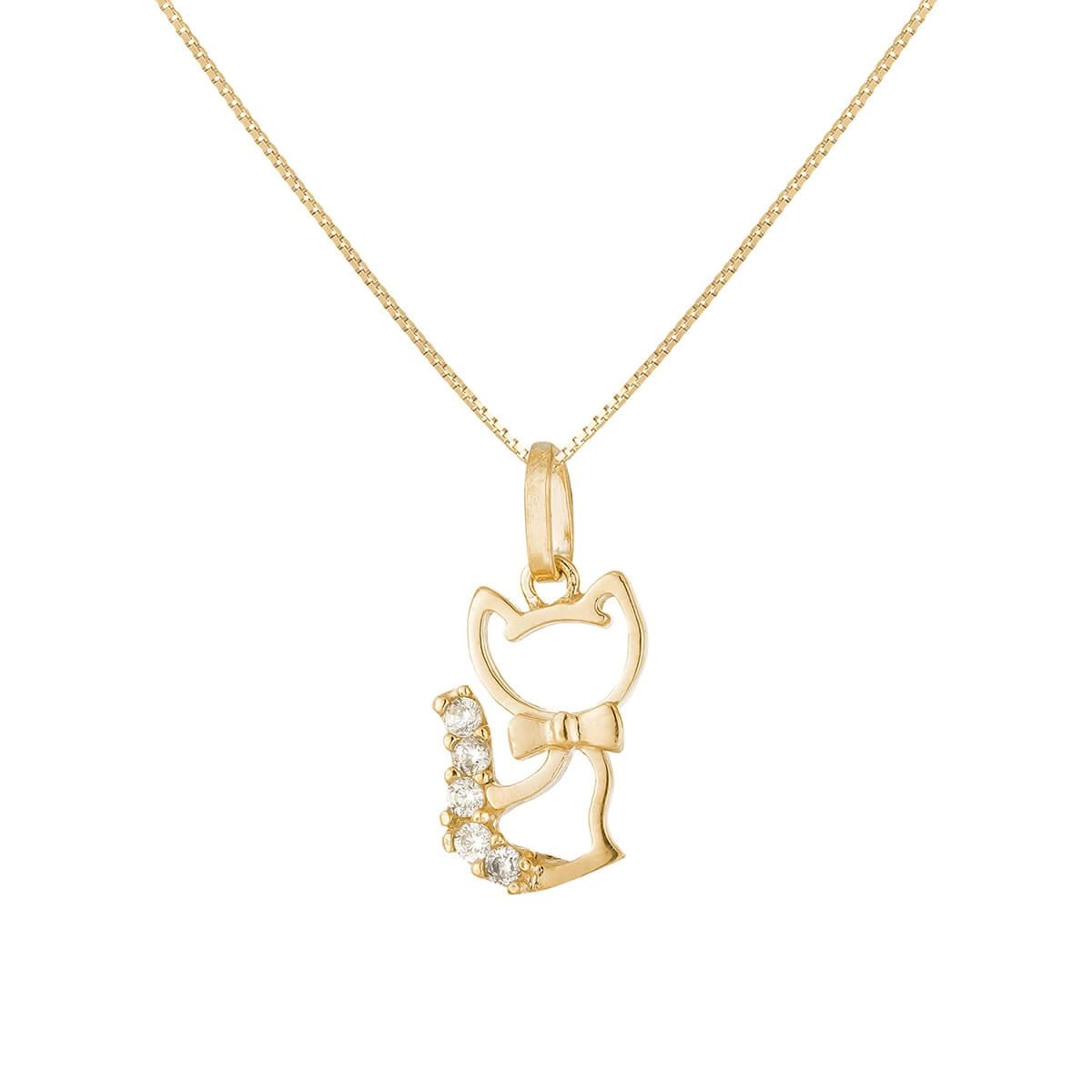 Pingente Ouro 18k Gato C/ Pedras 12.80mm
