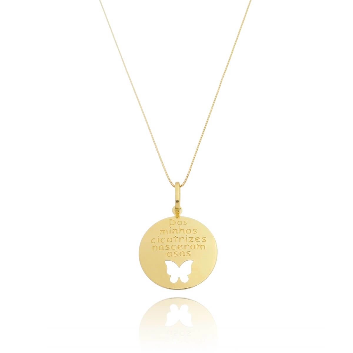 Pingente Ouro 18k Medalha Das Minhas Cicatrizes Nasceram Asas 1.95cm