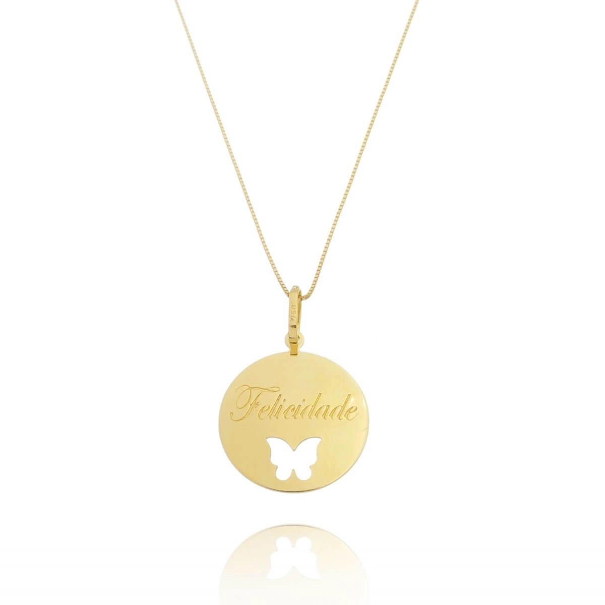Pingente Ouro 18k Medalha Felicidade Borboleta 1.95cm