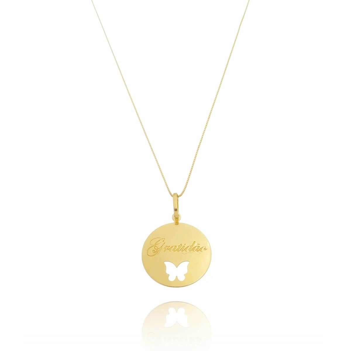 Pingente Ouro 18k Medalha Gratidão Borboleta 1.95cm 
