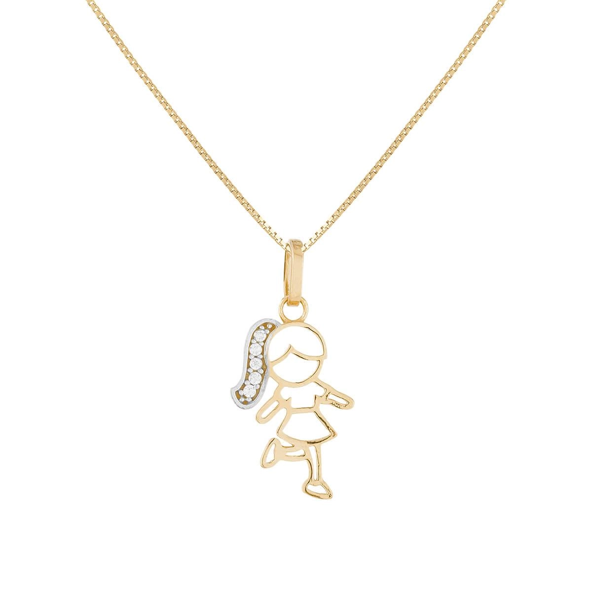 Pingente Ouro 18k Menina Cabelo Longo C/ Pedras 15mm