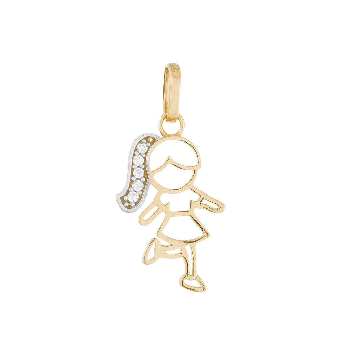 Pingente Ouro 18k Menina Cabelo Longo C/ Pedras 15mm