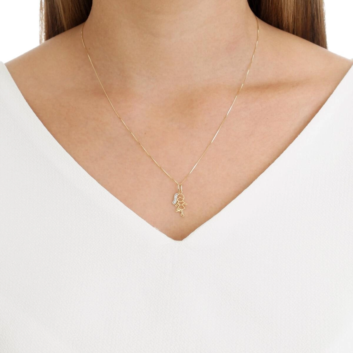 Pingente Ouro 18k Menina Cabelo Longo C/ Pedras 15mm