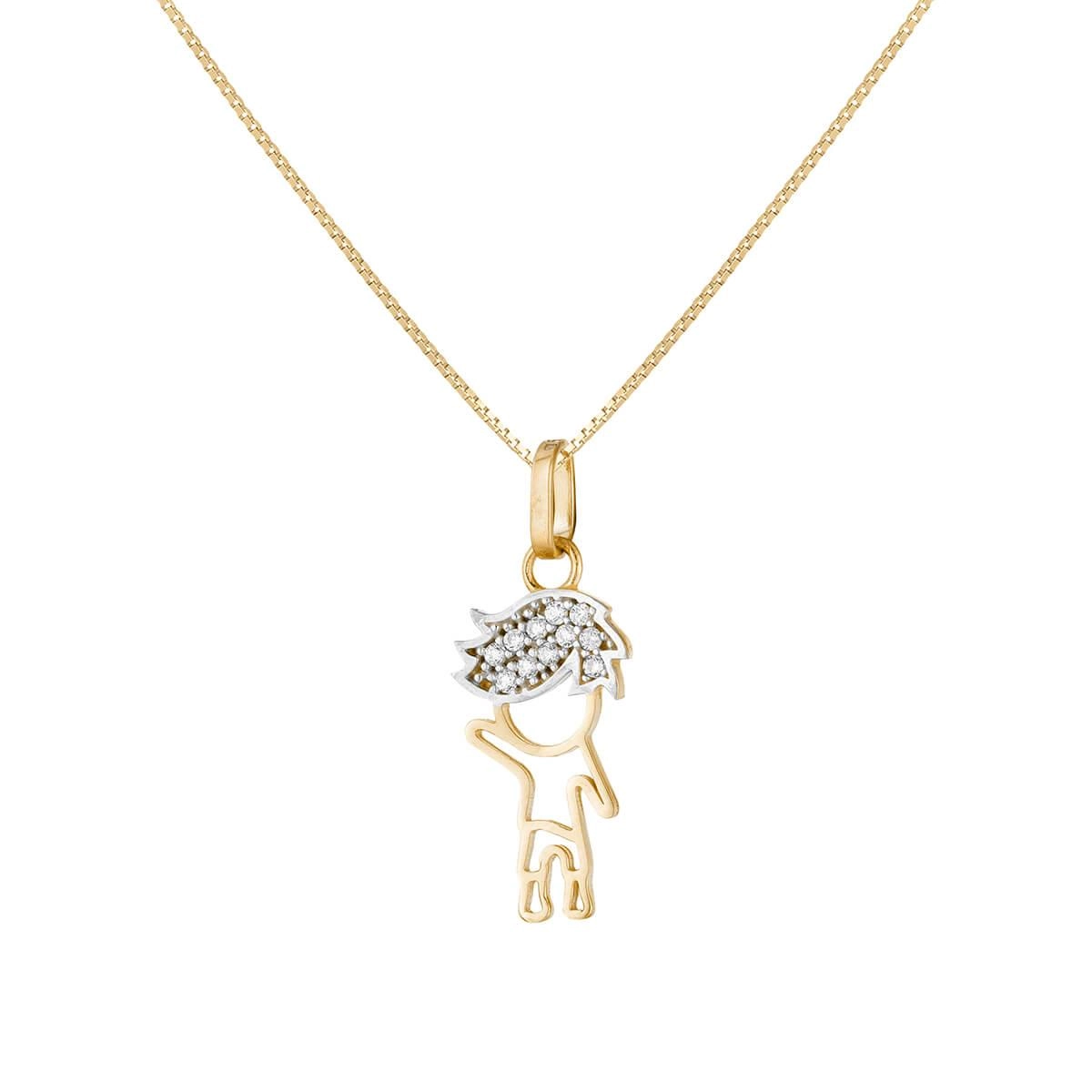 Pingente Ouro 18k Menino Cabelo Longo C/Pedras 14.20mm
