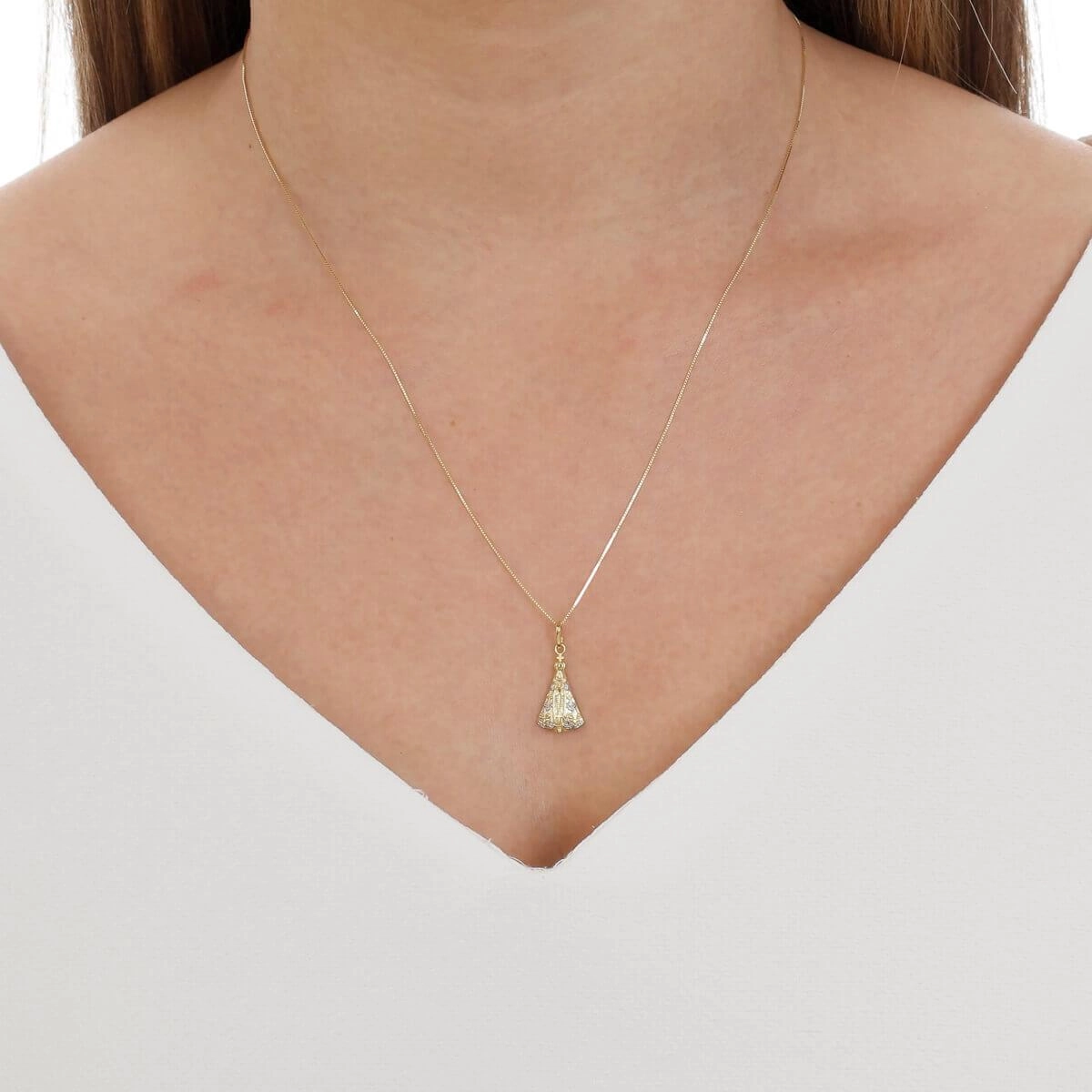 Pingente Ouro 18k Nossa Sra Aparecida C/Ródio 17mm
